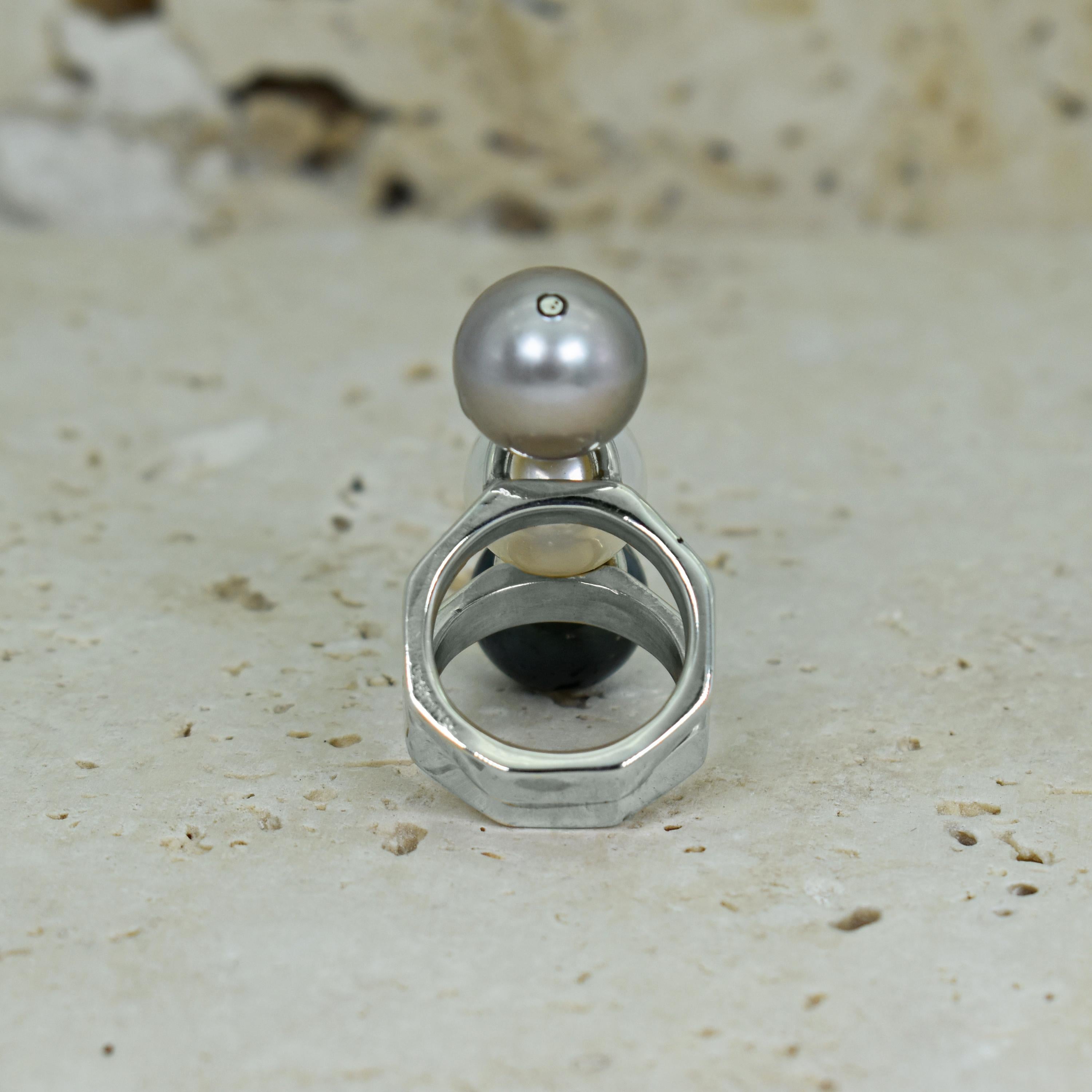 Contemporary Tahitian, Freshwater & Dove Gray Pearl Sterling Silver Cocktail Ring