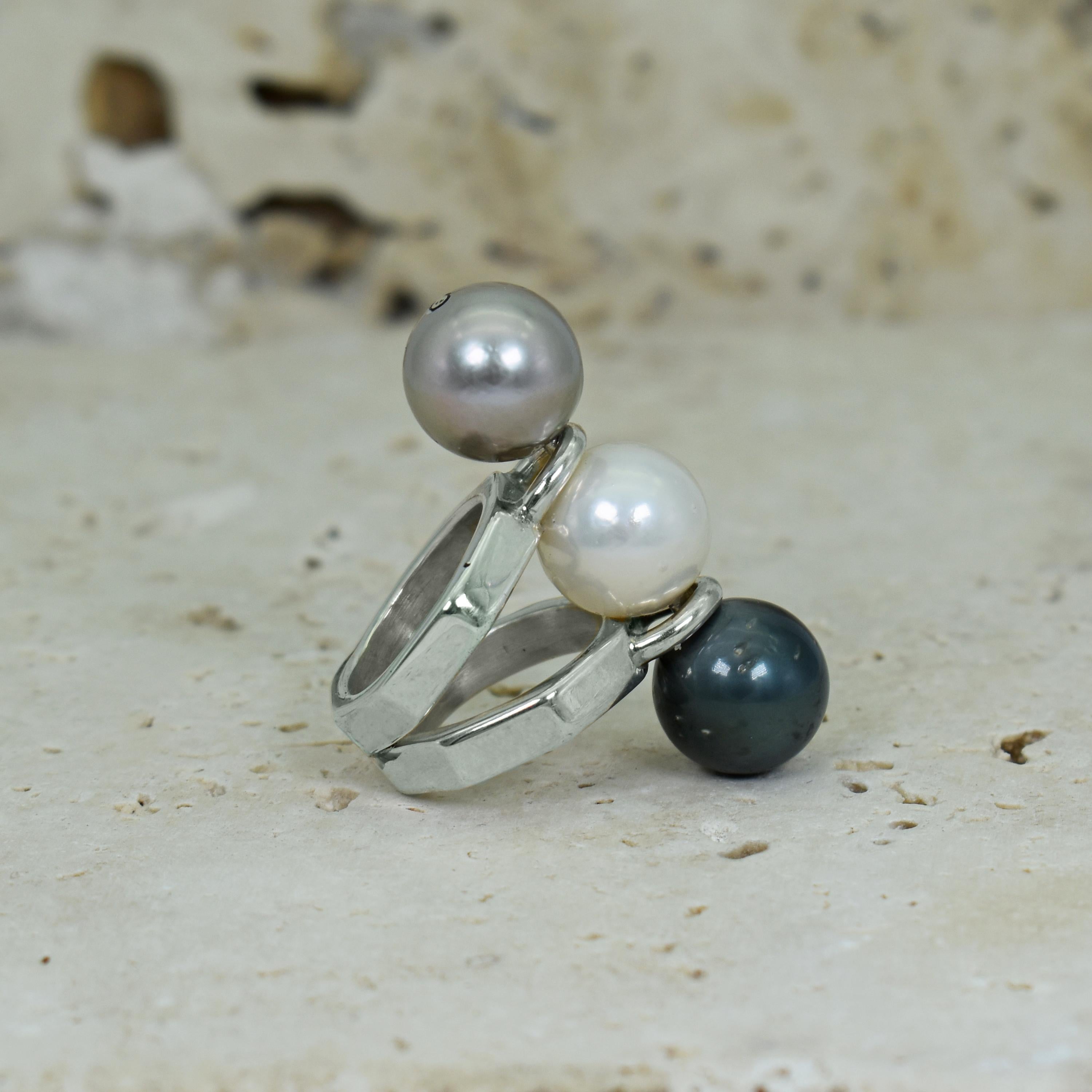 Uncut Tahitian, Freshwater & Dove Gray Pearl Sterling Silver Cocktail Ring