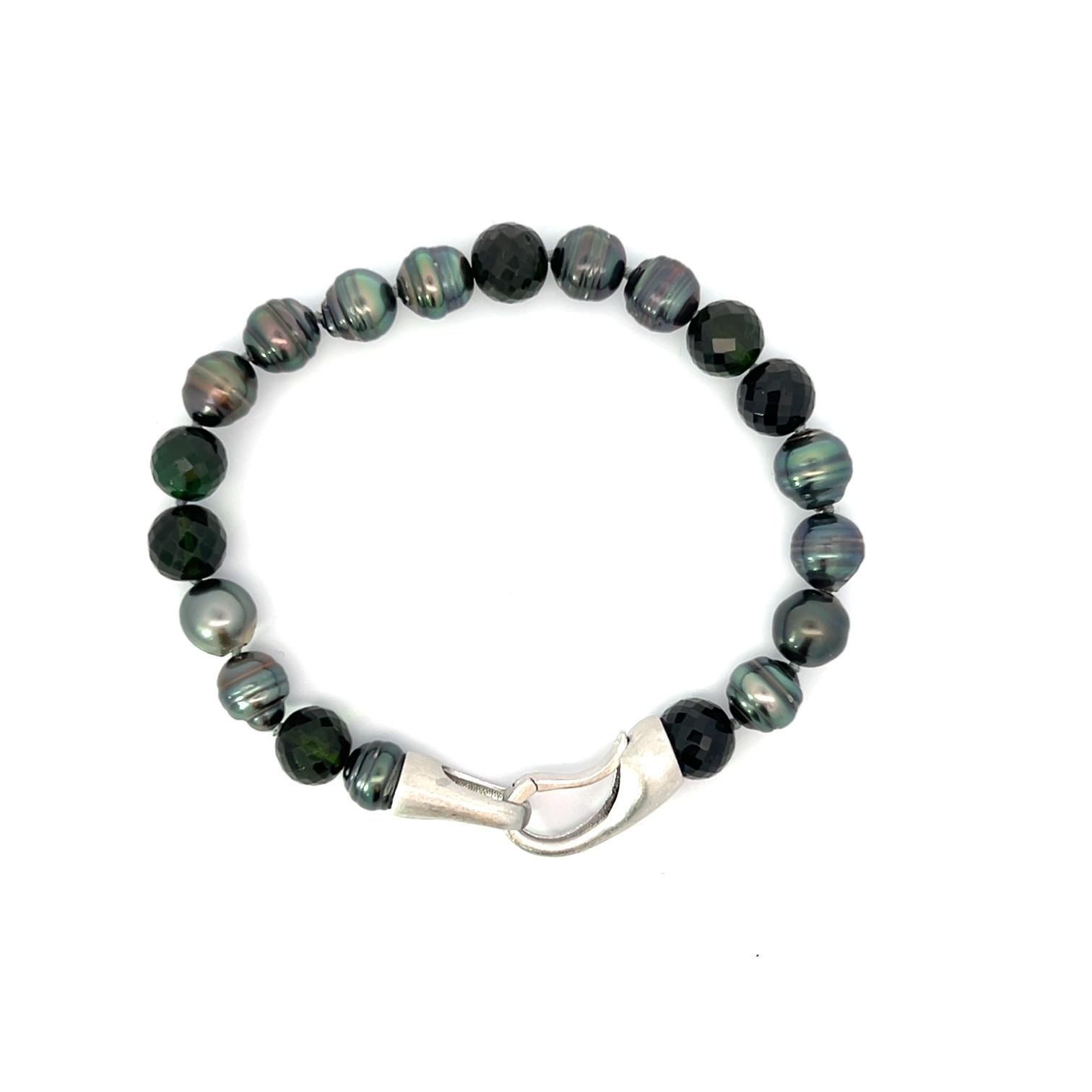 Tahitian Gray Baroque Pearl Black/Green Tourmaline Sterling Silver Bracelet For Sale 1