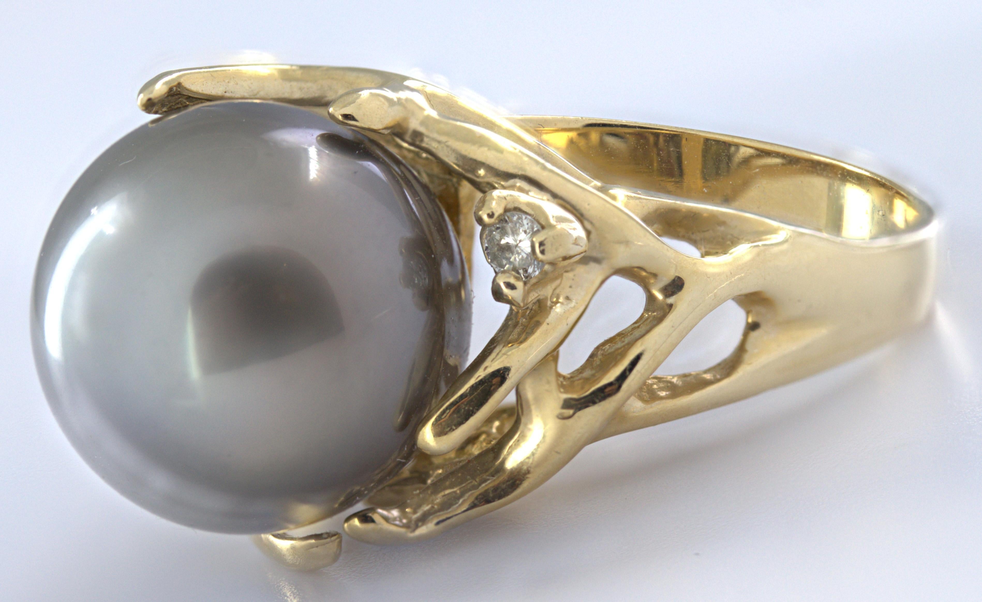 Tahitian Gray Cultured Pearl, 14K Yellow Gold Ring For Sale 6