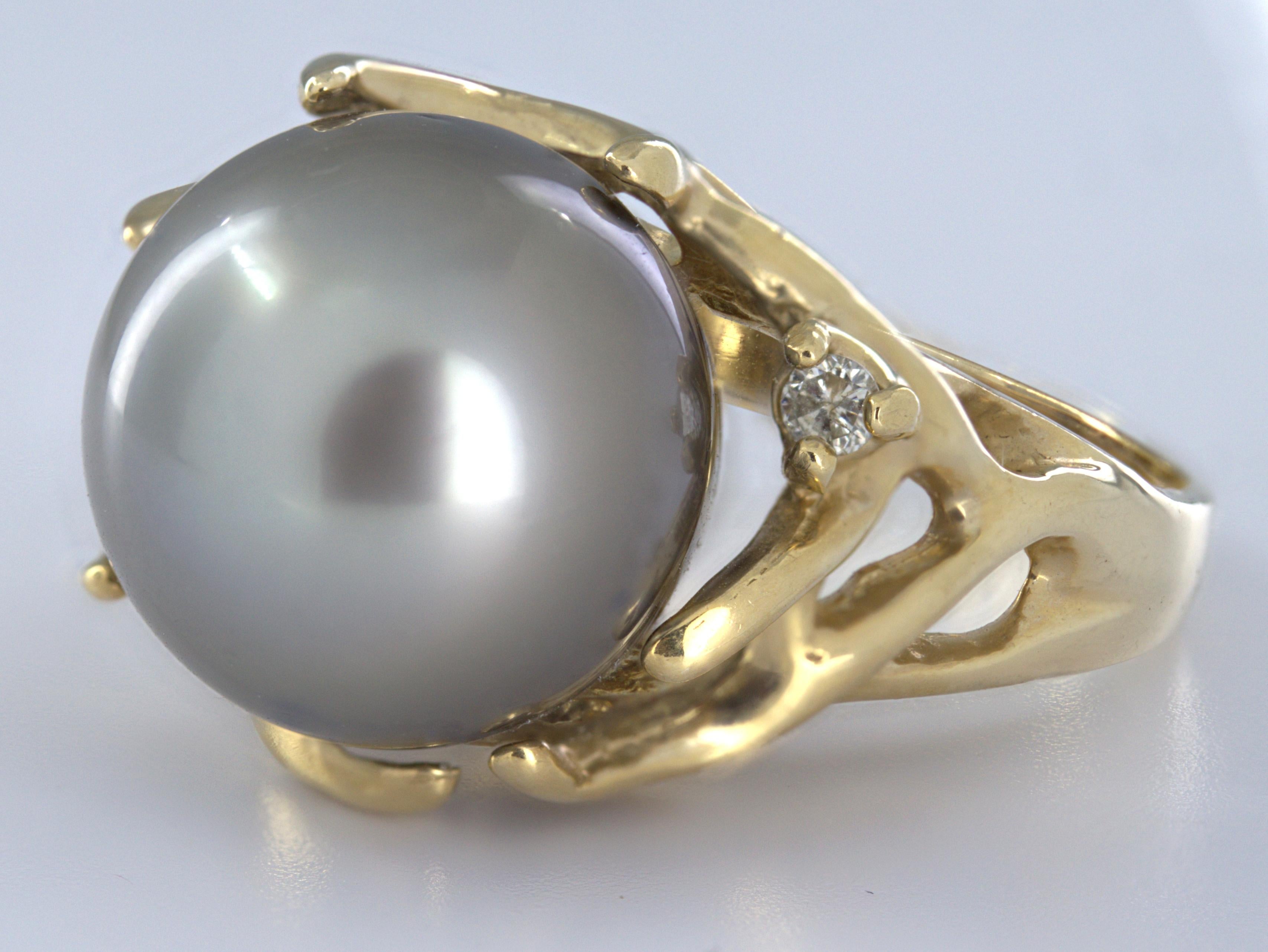 Tahitian Gray Cultured Pearl, 14K Yellow Gold Ring For Sale 7