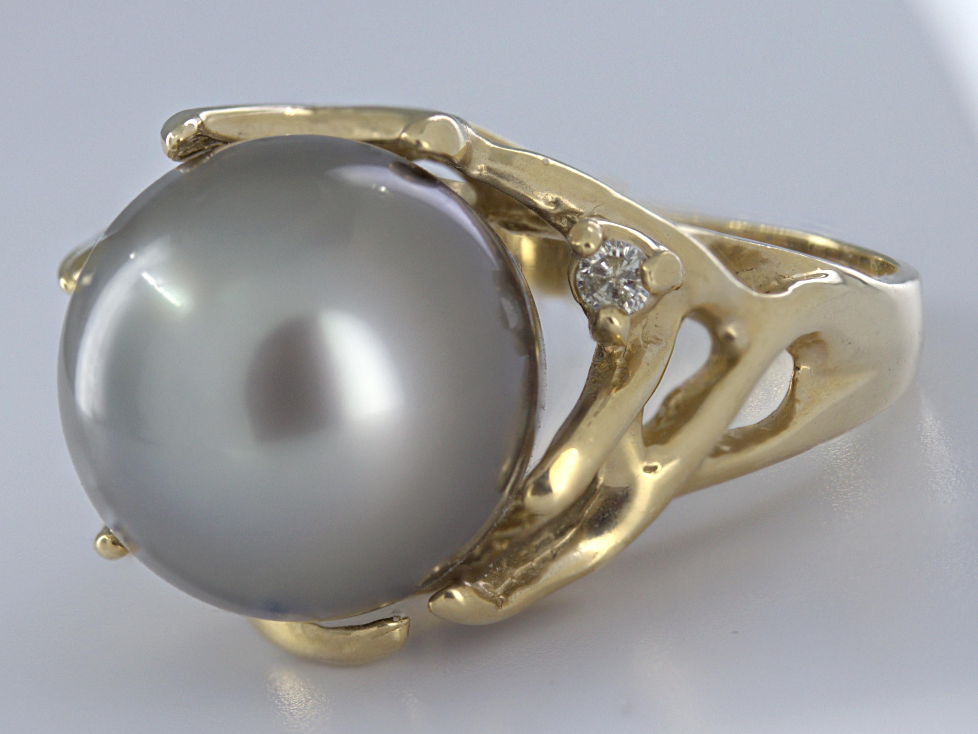 Tahitian Gray Cultured Pearl, 14K Yellow Gold Ring For Sale 8