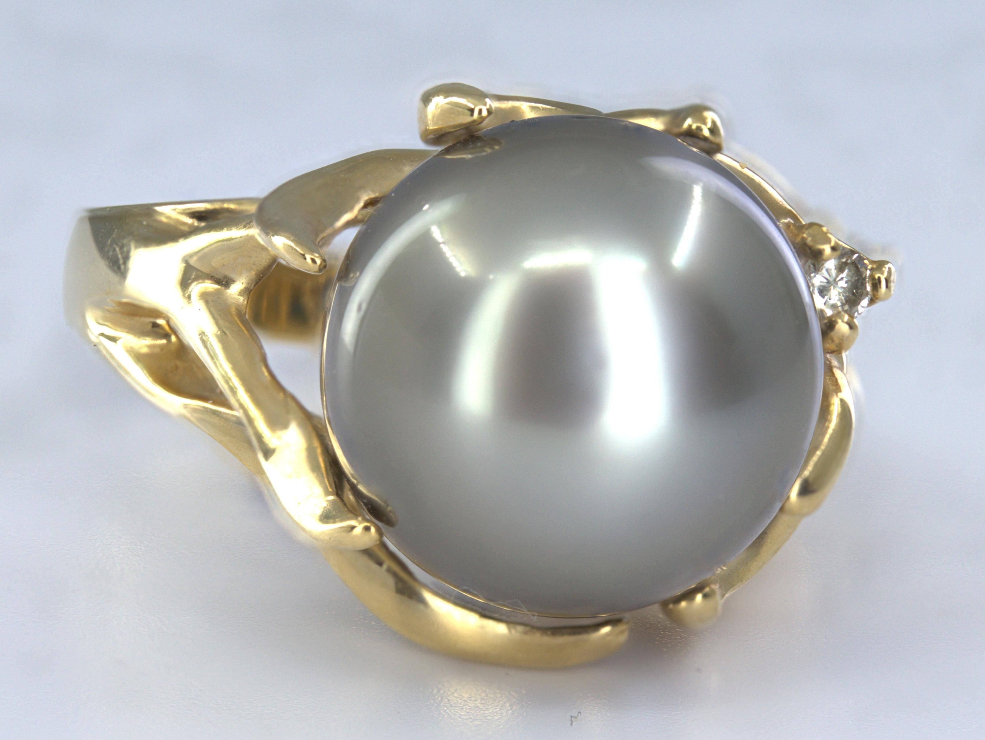 Tahitian Gray Cultured Pearl, 14K Yellow Gold Ring For Sale 9