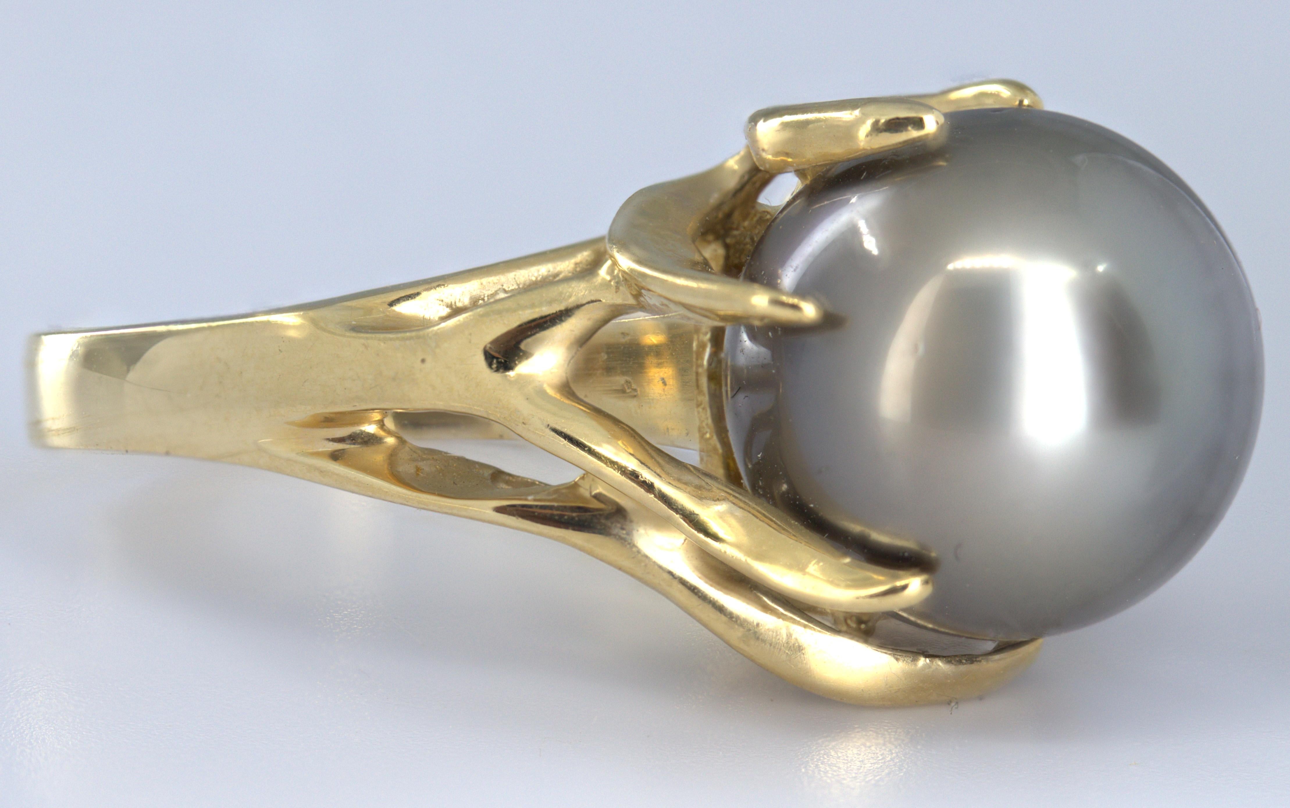 Tahitian Gray Cultured Pearl, 14K Yellow Gold Ring For Sale 10