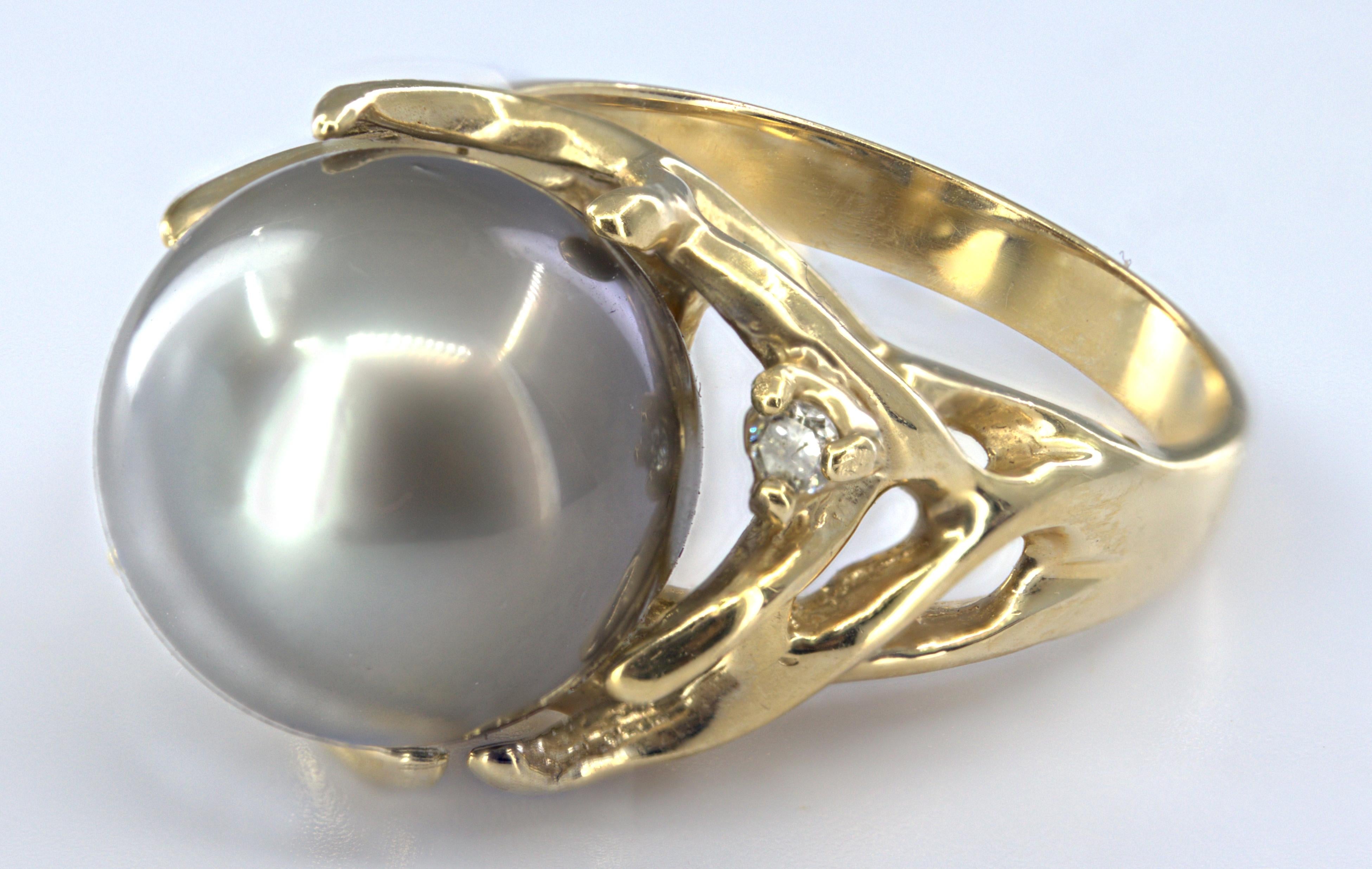 Tahitian Gray Cultured Pearl, 14K Yellow Gold Ring For Sale 12