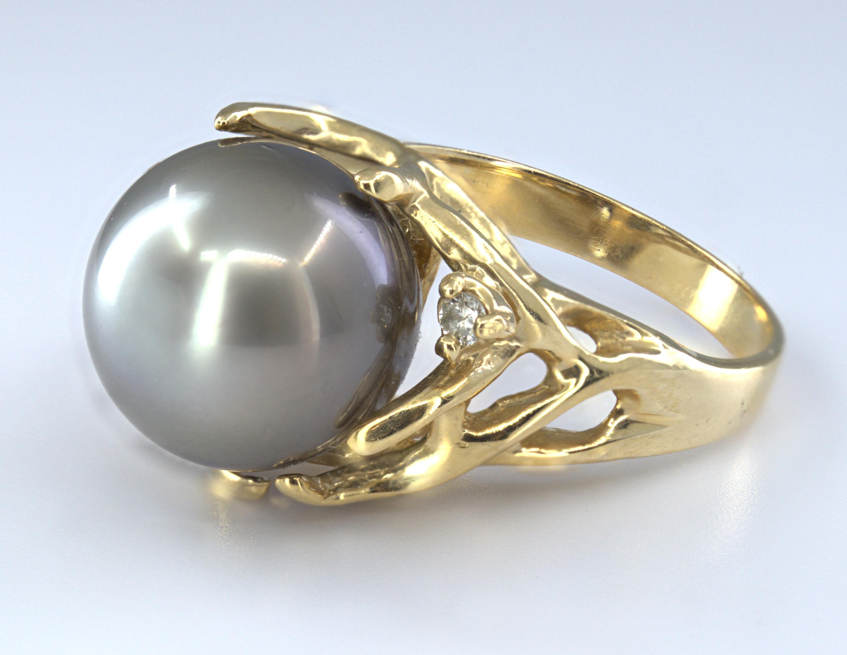 Tahitian Gray Cultured Pearl, 14K Yellow Gold Ring For Sale 13