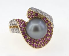 Tahitian Gray Cultured Pearl, Ruby, Diamond, 14K Yellow Gold Ring