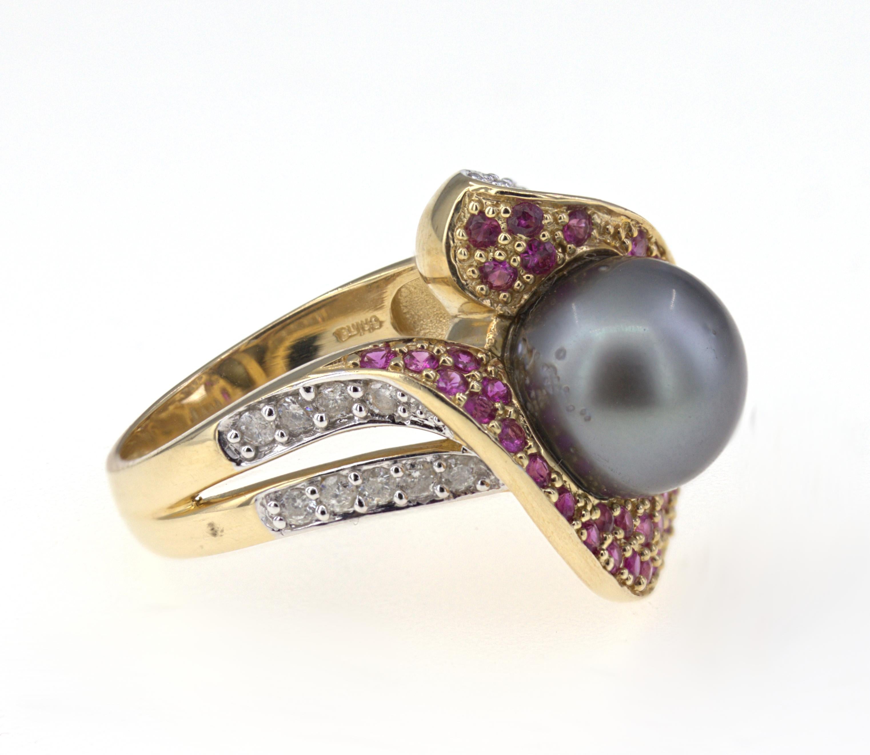Artisan Tahitian Gray Cultured Pearl, Ruby, Diamond, 14K Yellow Gold Ring For Sale