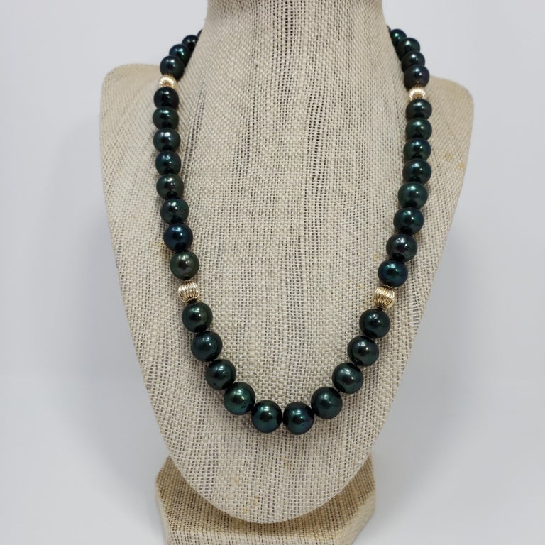 Tahitian Green Pearl Strand Necklace with 14 Karat Yellow Gold Accents ...