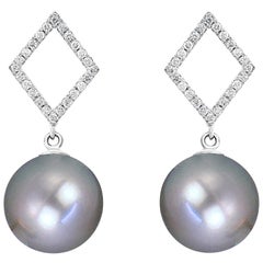 Tahitian Grey Cultured Pearl and Diamond Earrings with 14 Karat White Gold