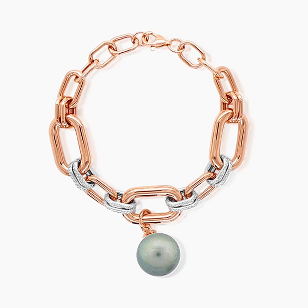Taglio misto Bracciale a maglie in oro rosa e bianco 18 carati con perle grigie di Tahiti e diamanti bianchi in vendita