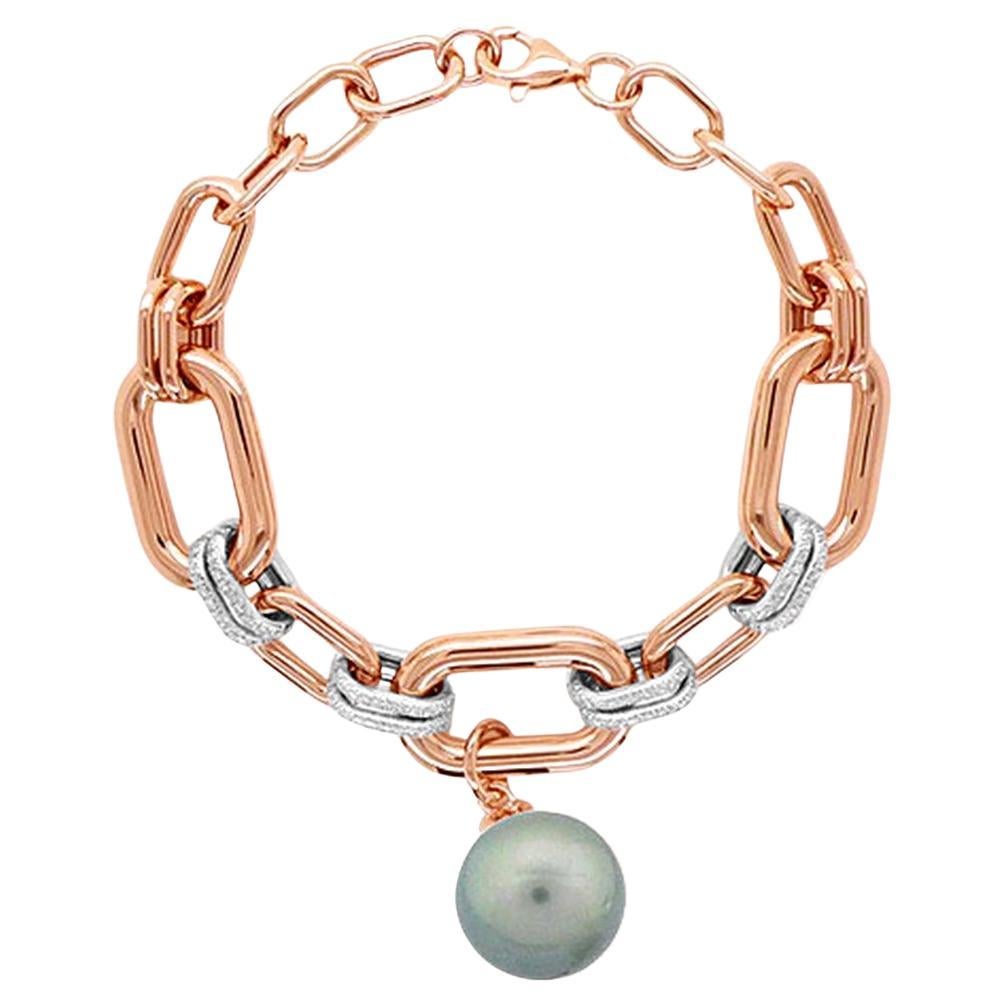 Bracciale a maglie in oro rosa e bianco 18 carati con perle grigie di Tahiti e diamanti bianchi in vendita