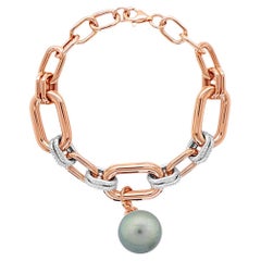 Tahitian Grey Pearl White Diamond 18K Rose & White Gold Link Bracelet