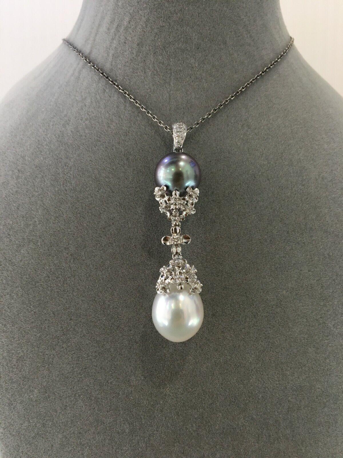 Art Deco Tahitian Grey South Sea White Pearl Diamond Drop 18K White Gold Pendant Necklace For Sale