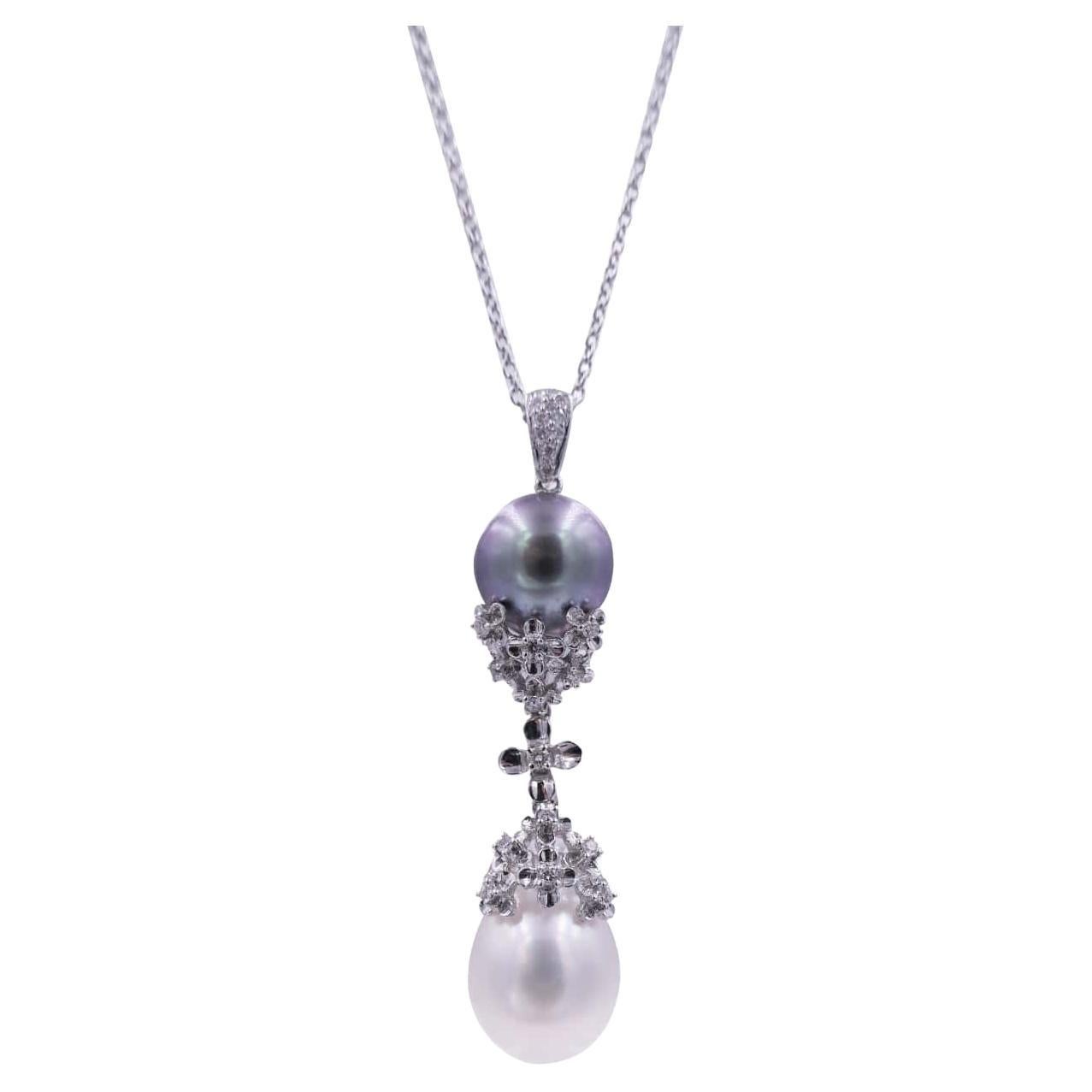 Tahitian Grey South Sea White Pearl Diamond Drop 18K White Gold Pendant Necklace For Sale