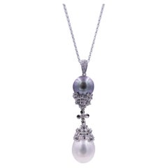 Tahitian Grey South Sea White Pearl Diamond Drop 18K White Gold Pendant Necklace