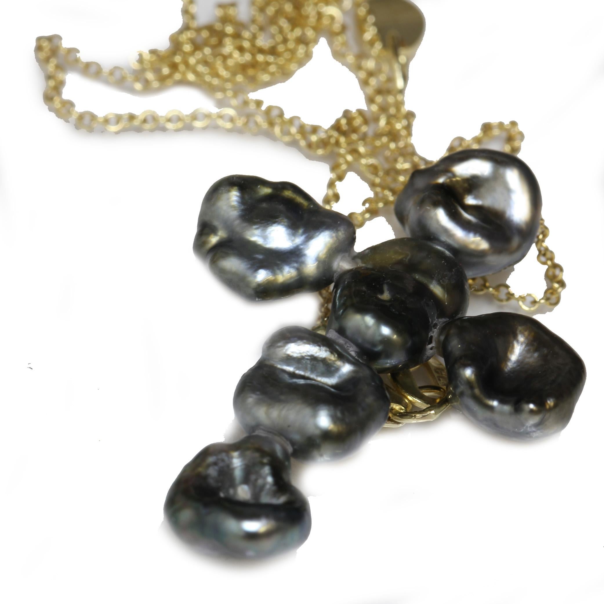 Baroque Collier croix en or jaune 14k avec perles de Tahiti et diamants Chaîne réglable 18