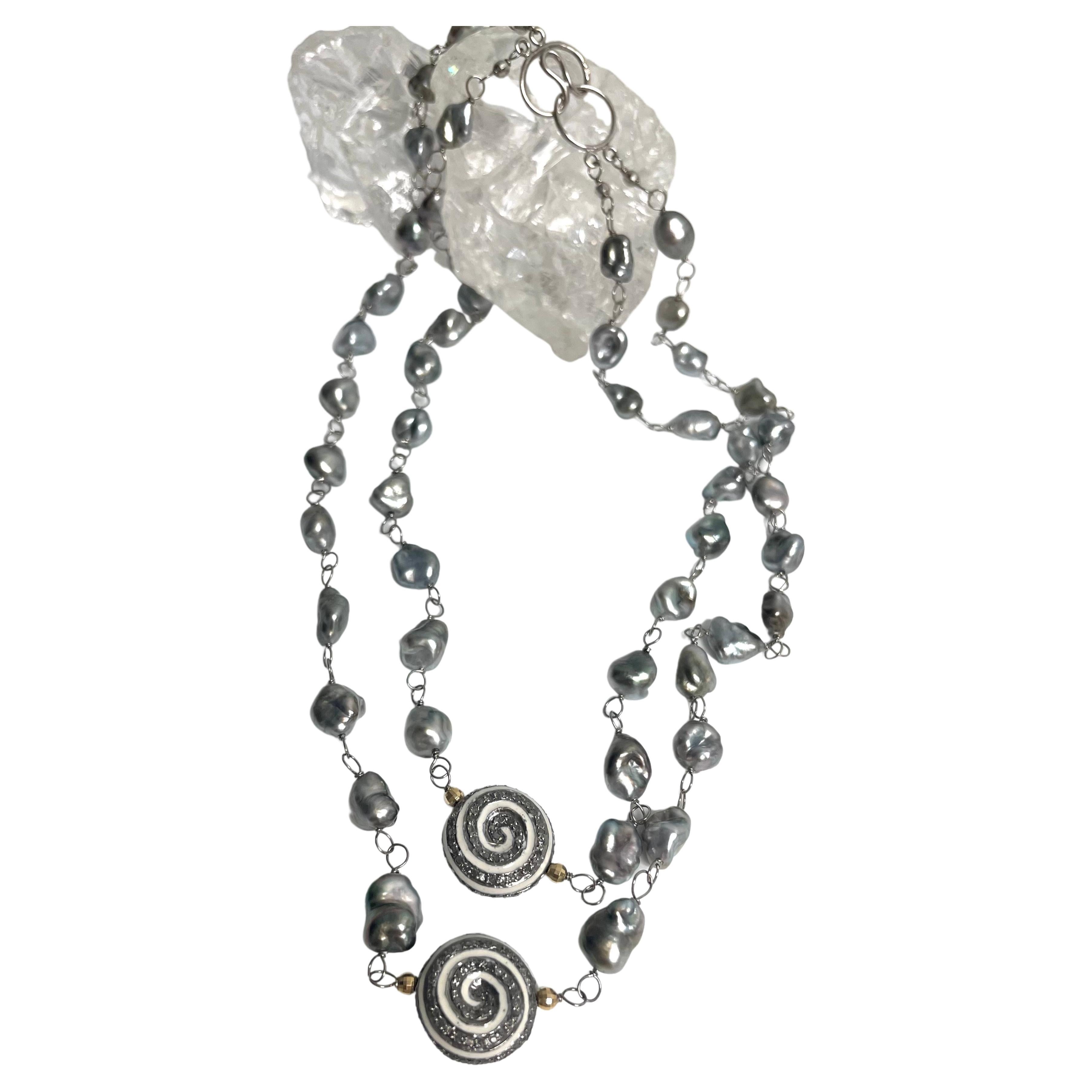 Artisan Tahitian Keshi Pearl Necklace with Enamel and Pave Diamond Pinwheel Accents For Sale