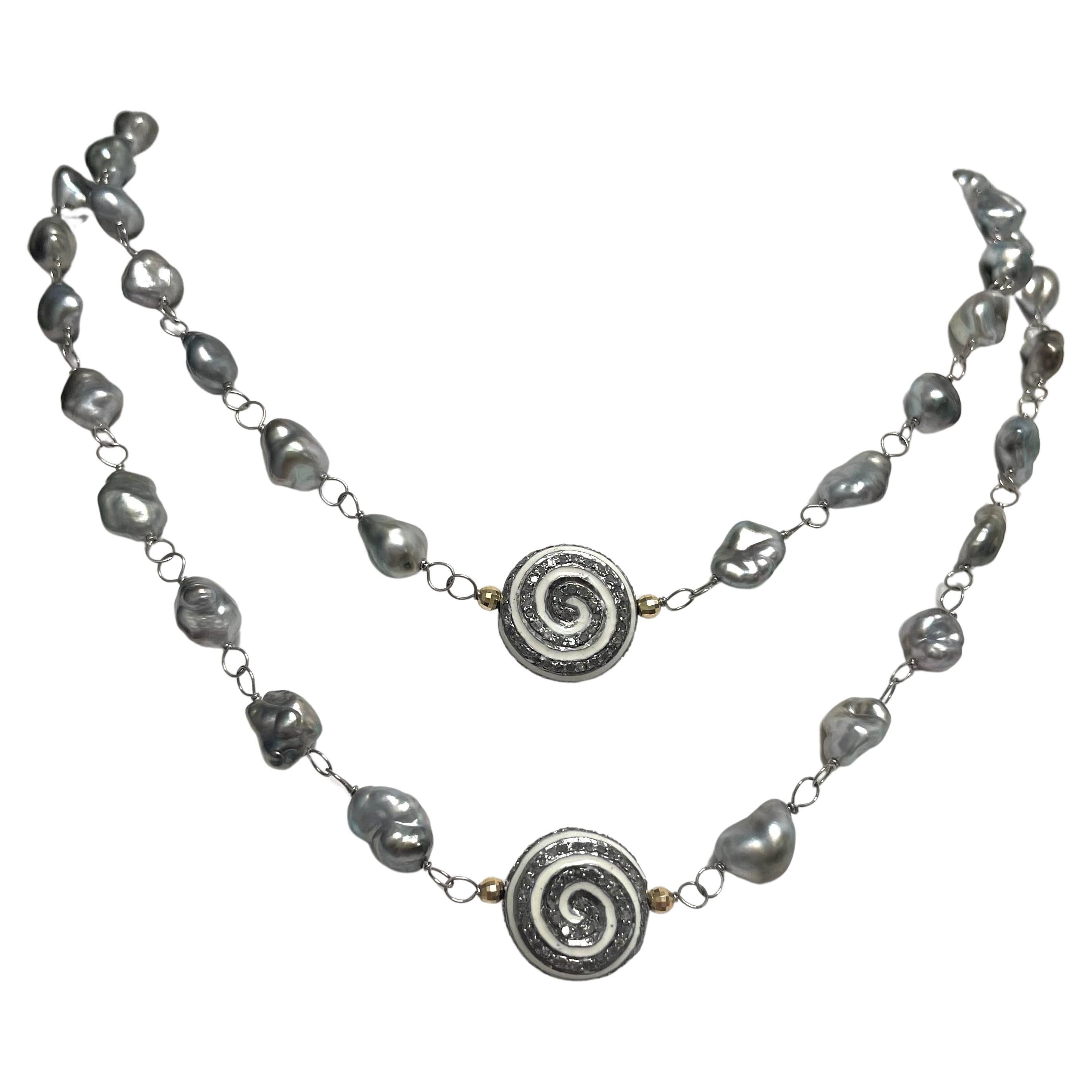 Bead Tahitian Keshi Pearl Necklace with Enamel and Pave Diamond Pinwheel Accents For Sale