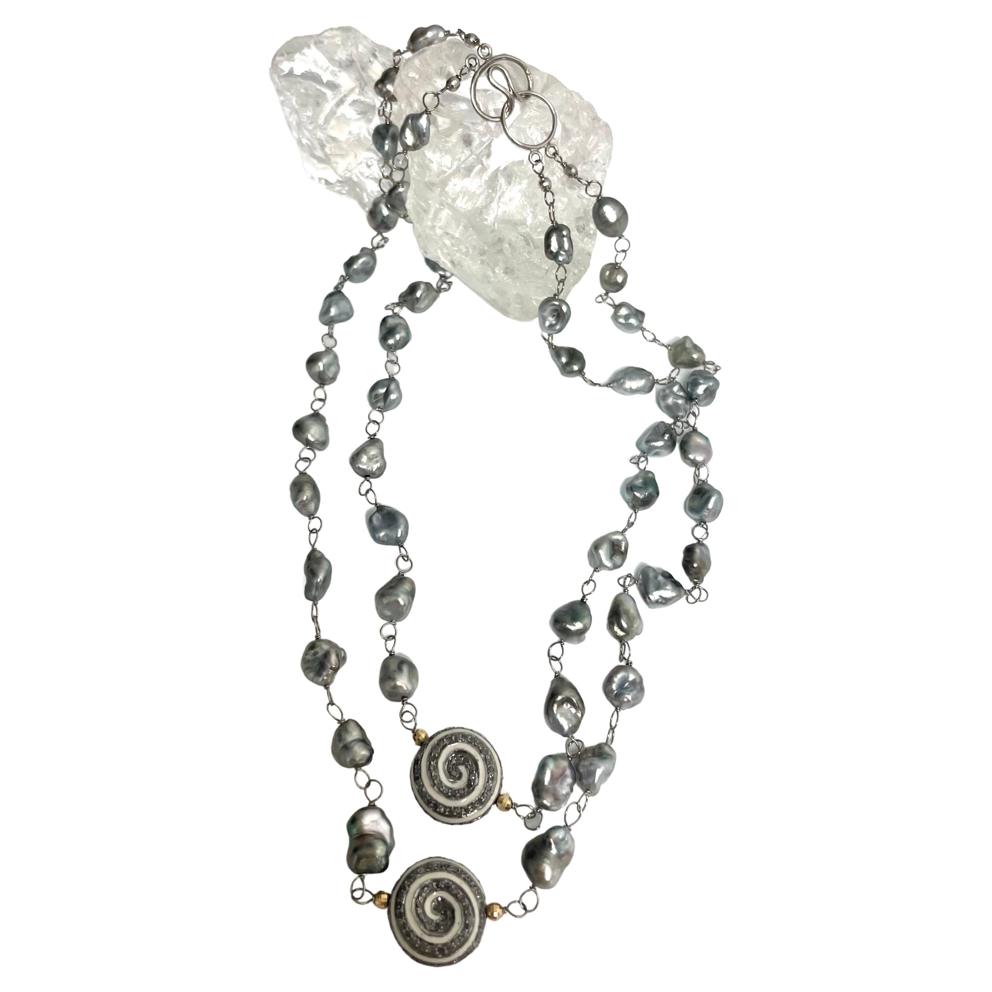 Tahitian Keshi Pearl Necklace with Enamel and Pave Diamond Pinwheel Accents In New Condition For Sale In Laguna Beach, CA