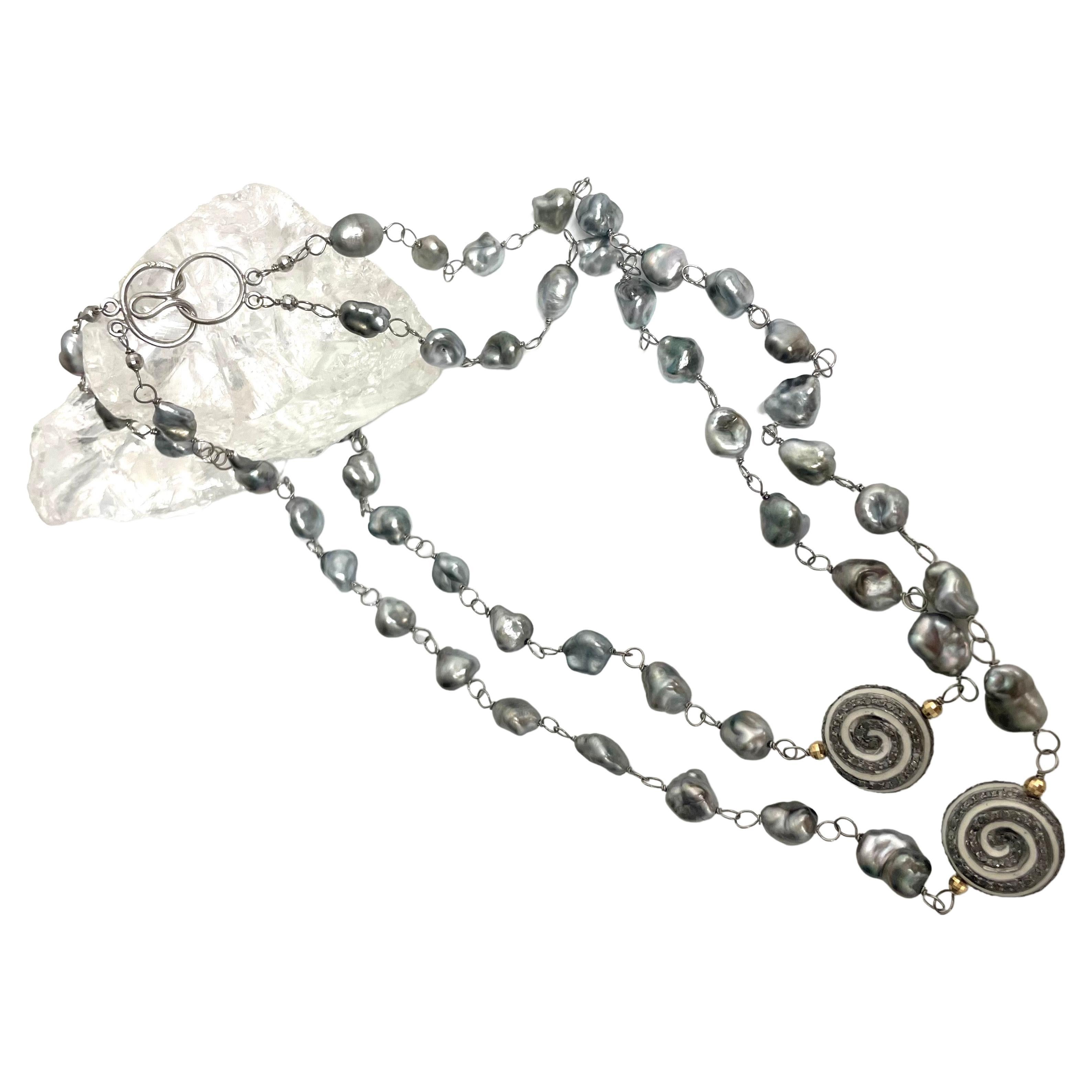 Women's Tahitian Keshi Pearl Necklace with Enamel and Pave Diamond Pinwheel Accents For Sale