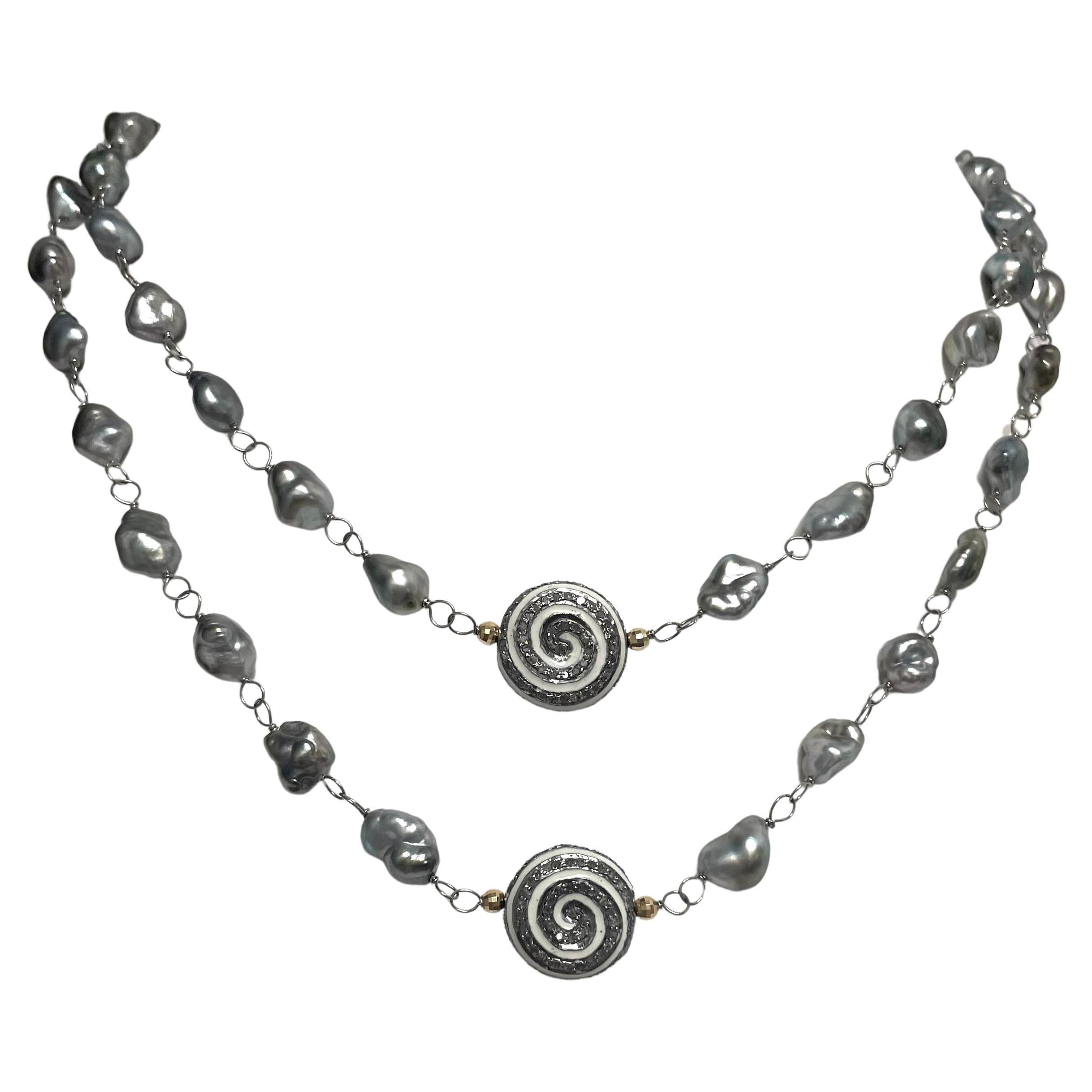 Tahitian Keshi Pearl Necklace with Enamel and Pave Diamond Pinwheel Accents For Sale 1