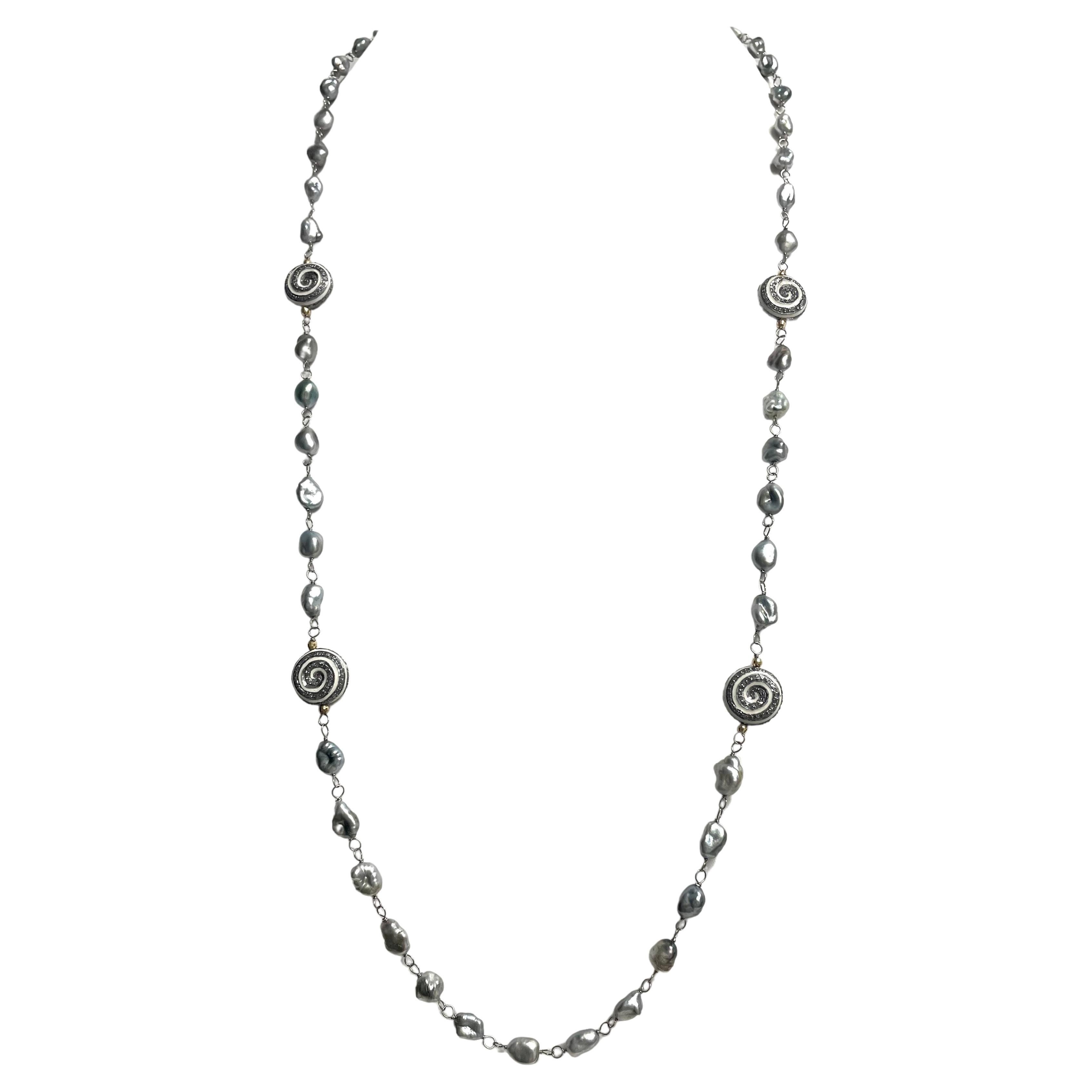 Tahitian Keshi Pearl Necklace with Enamel and Pave Diamond Pinwheel Accents