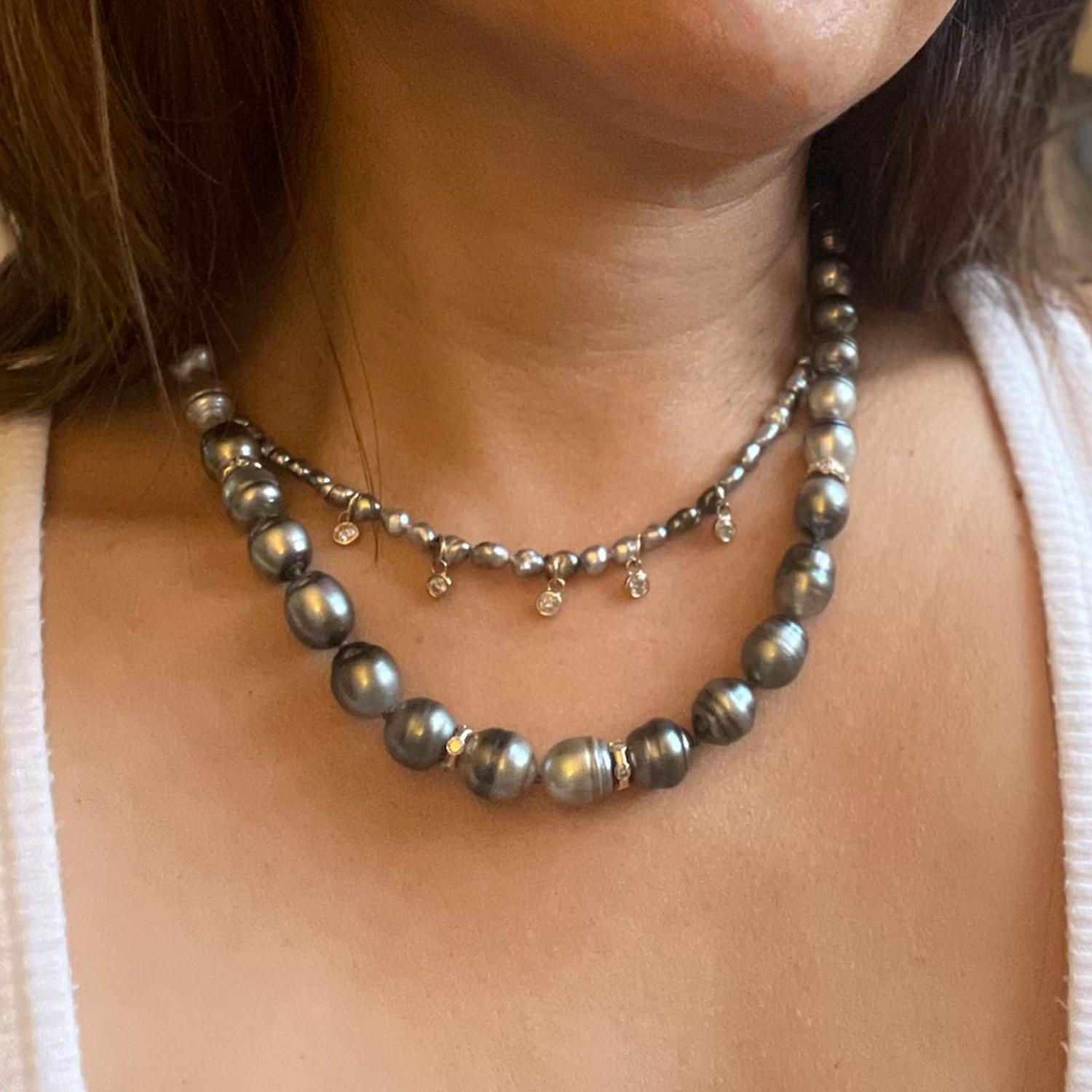 Contemporary Tahitian keshi pearl strand with 0.59 carat diamond charms Hi June Parker For Sale
