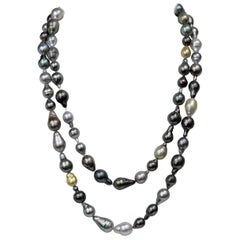 Tahitian Multi Color Long Drop Necklace with Gold Clasp