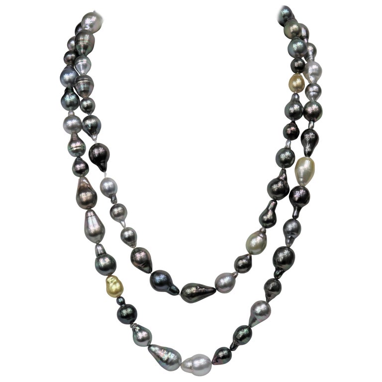 Tahitian Multi Color Long Drop Necklace with Gold Clasp For Sale at 1stDibs