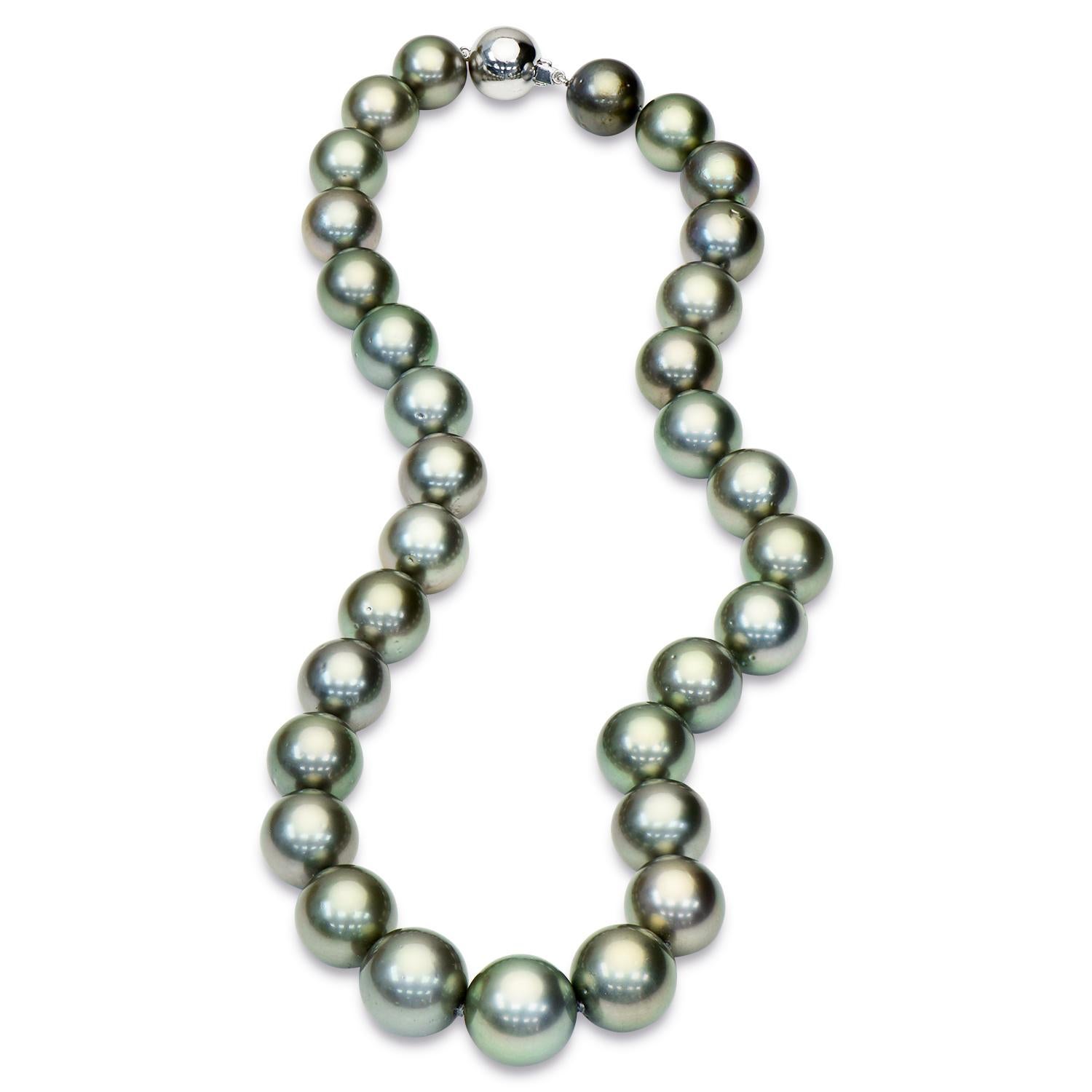 Style and glamour are in the spotlight with this exquisite Tahitian necklace. This 14-karat round-cut necklace is made from 31 pearls with a solid white gold ball clasp. The size of the pearls is 12-14 mm. The length of this necklace is 17 1/2