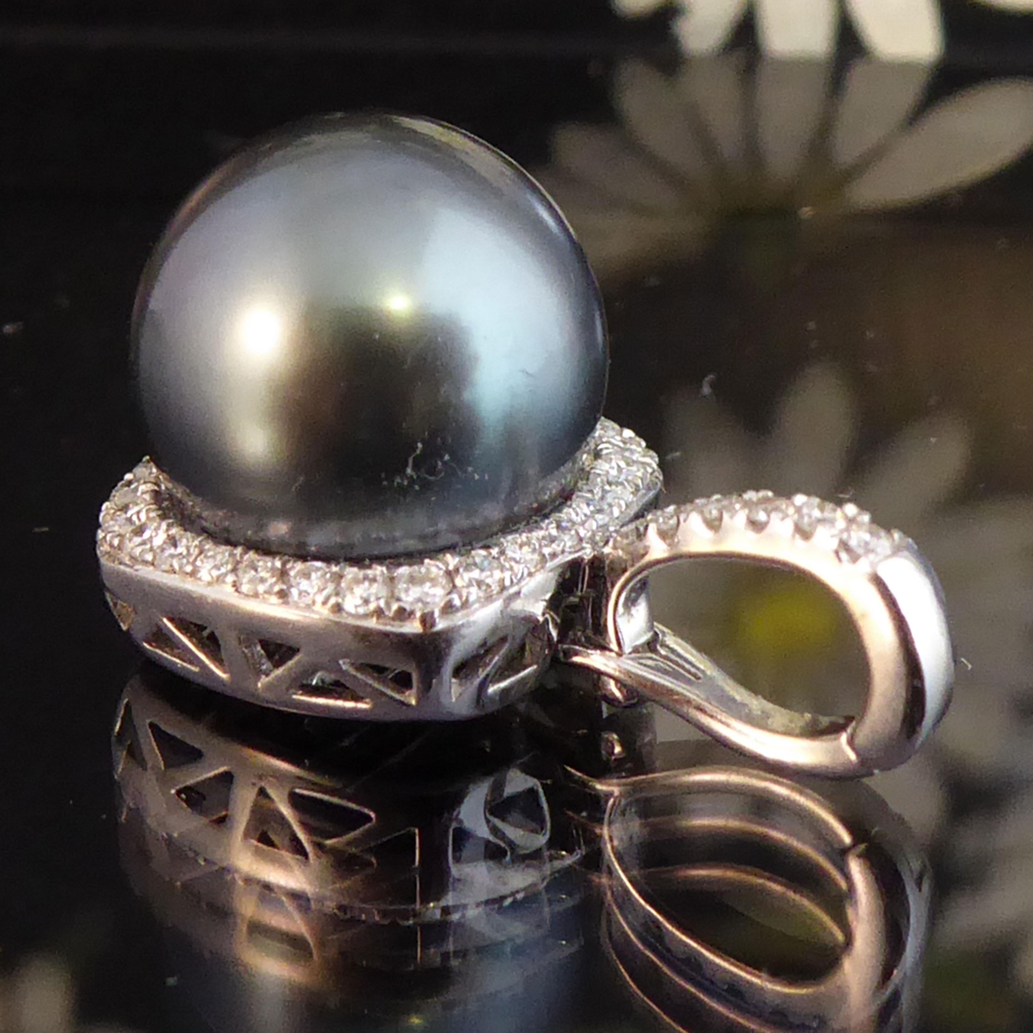 Modern Tahitian Pearl, 0.25 Carat Diamond Pendant Necklace Enhancer White Gold