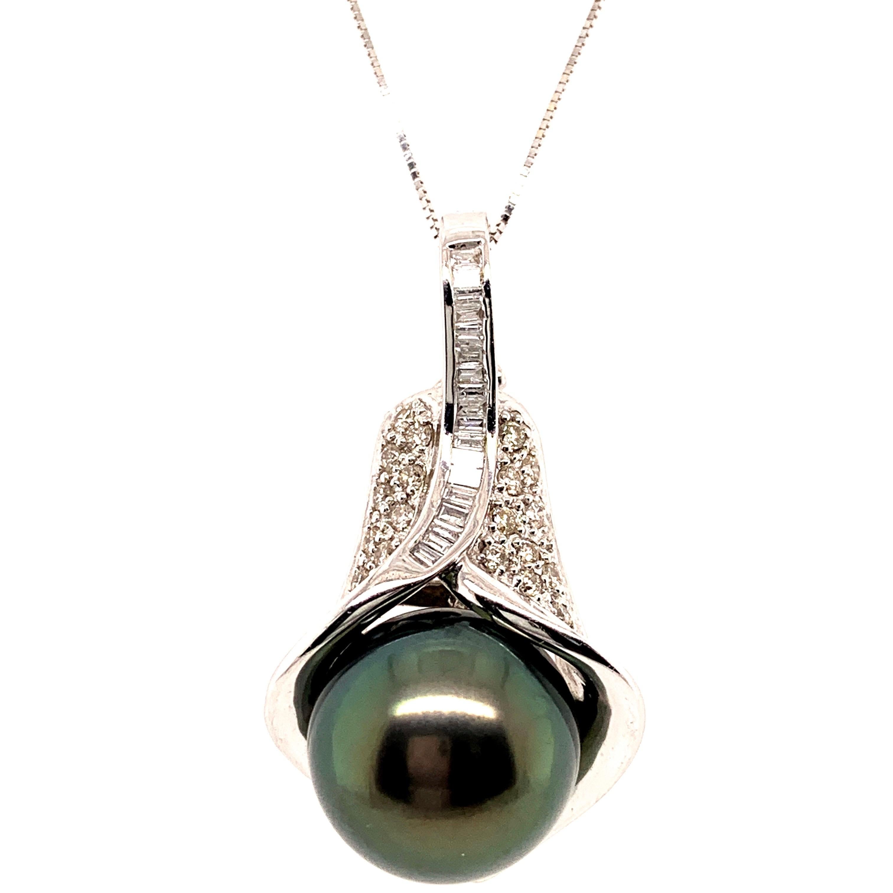 Elegant Tahitian pearl diamond pendant. Very good luster, black with pink, green color overtone, round 13.1 mm Tahitian pearl, mounted in tulip design, accented with baguette and pave set round brilliant cut diamonds. Handcrafted high polished