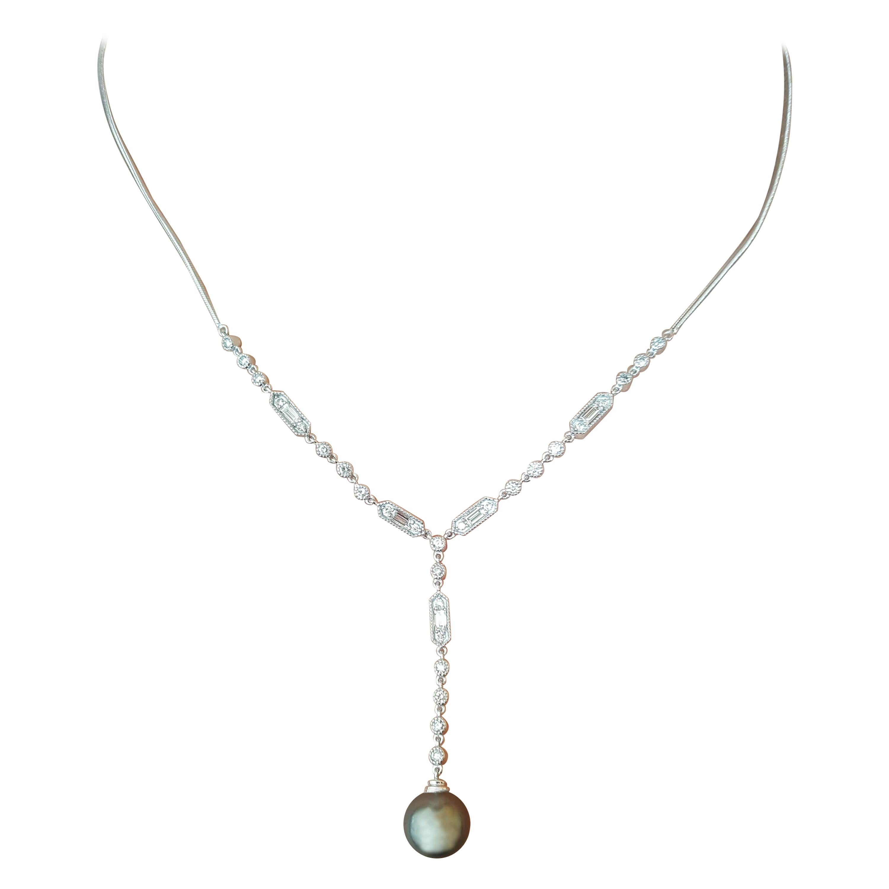 Tahitian Pearl 14 Karat Gold Diamond Y Necklace Baguette and Round Brilliant
