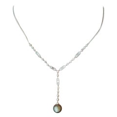 Tahitian Pearl 14 Karat Gold Diamond Y Necklace Baguette and Round Brilliant
