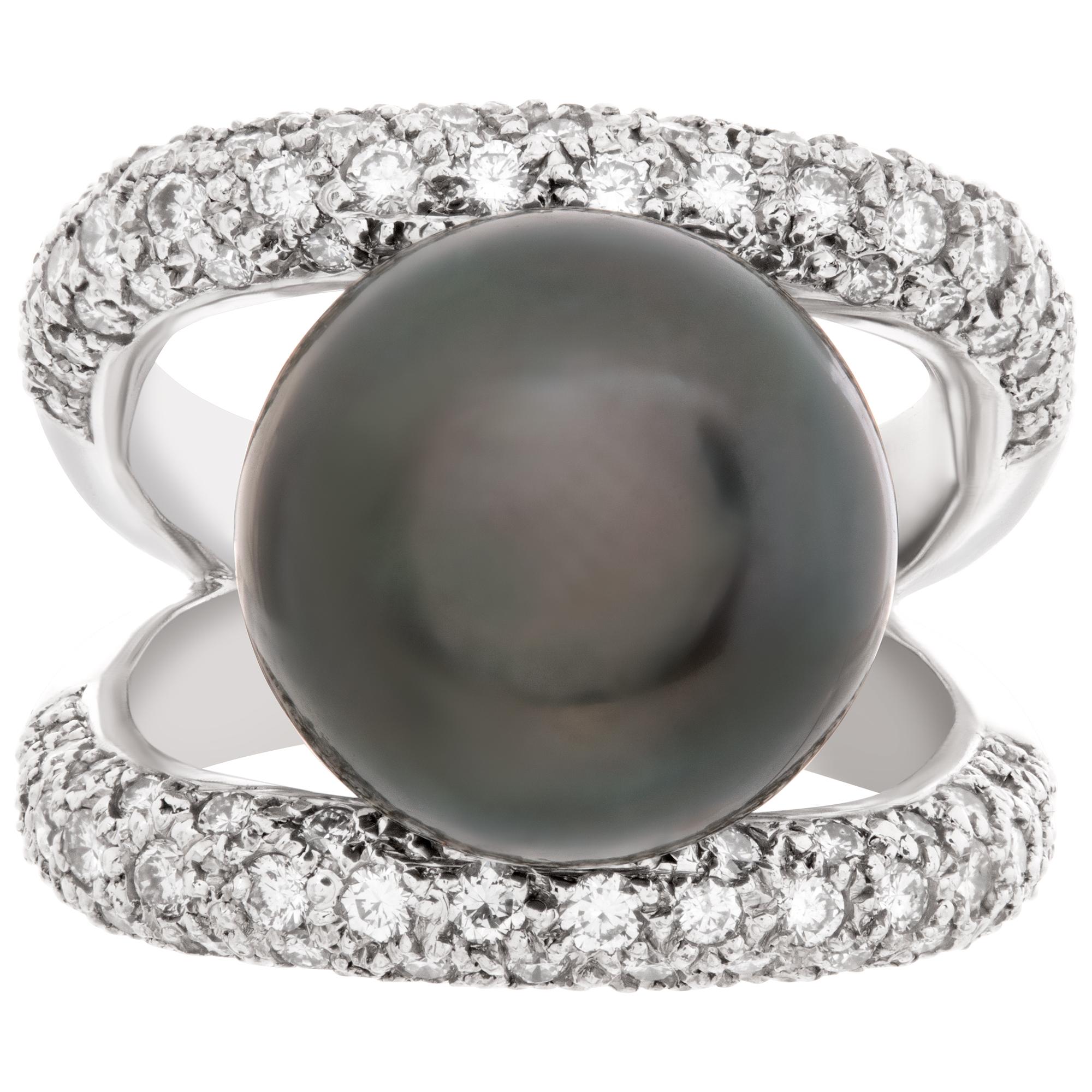 Tahitian pearl (15 x15.5mm) and 3.00 carats diamonds ring in 18k white gold. Brilliant cut diamond total approx. weight: 3.00 carats, estimate G-H color, VS clarity. Front height: 20mm (1 3/4