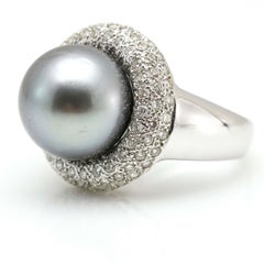 Tahitian Pearl 18 Karat White Gold Diamond Cocktail Ring