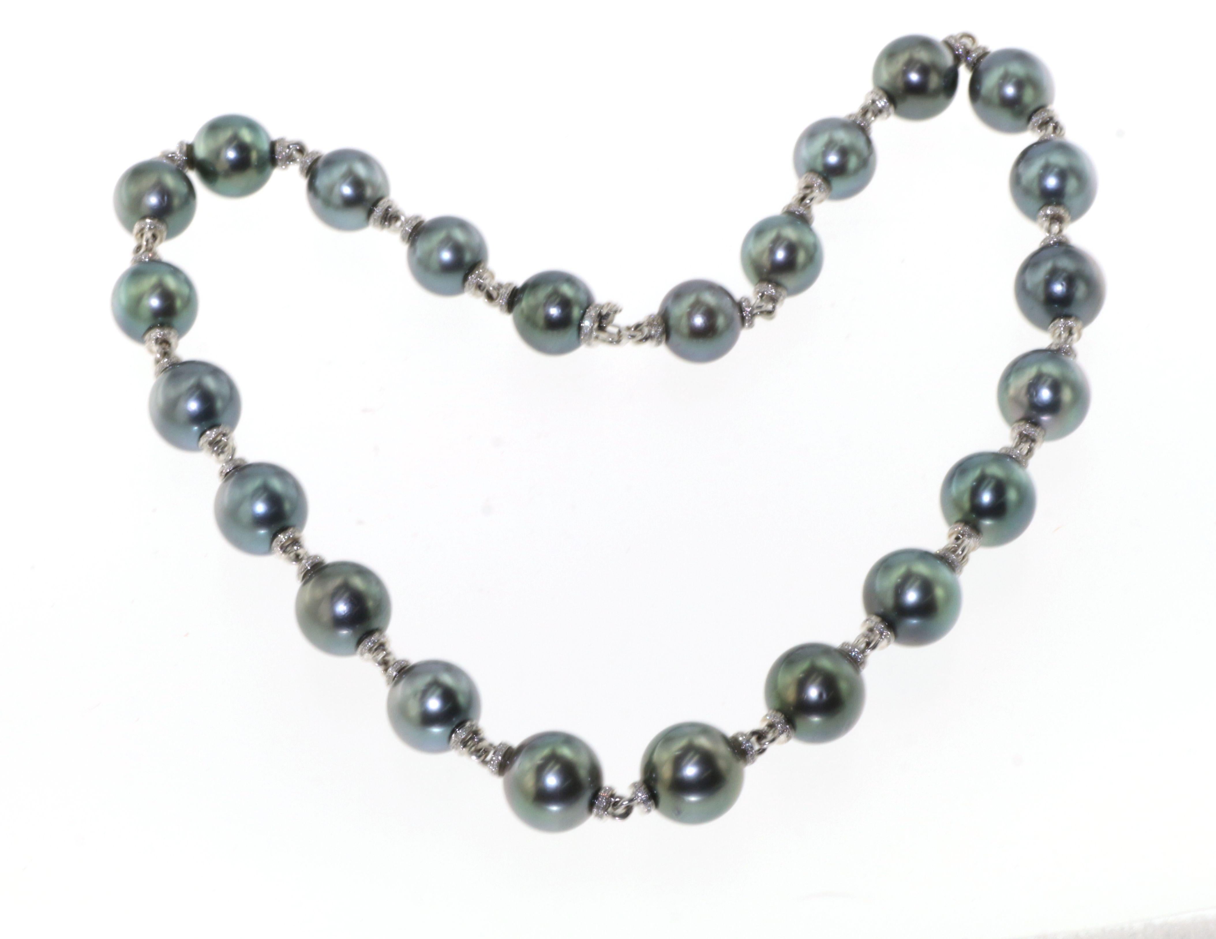 Modern Tahitian Pearl 18K Gold Diamond Rondell Necklace For Sale