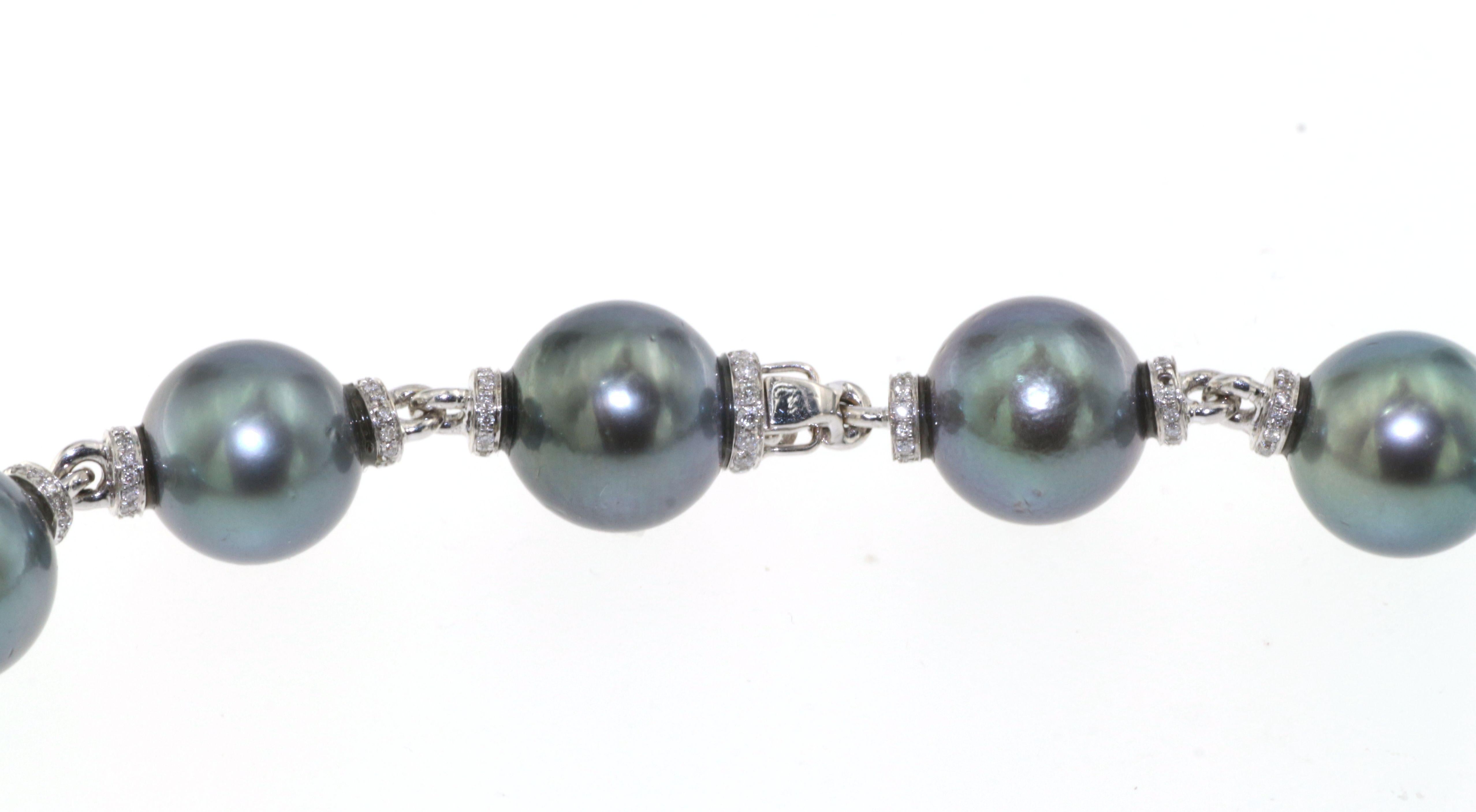 Bead Tahitian Pearl 18K Gold Diamond Rondell Necklace For Sale