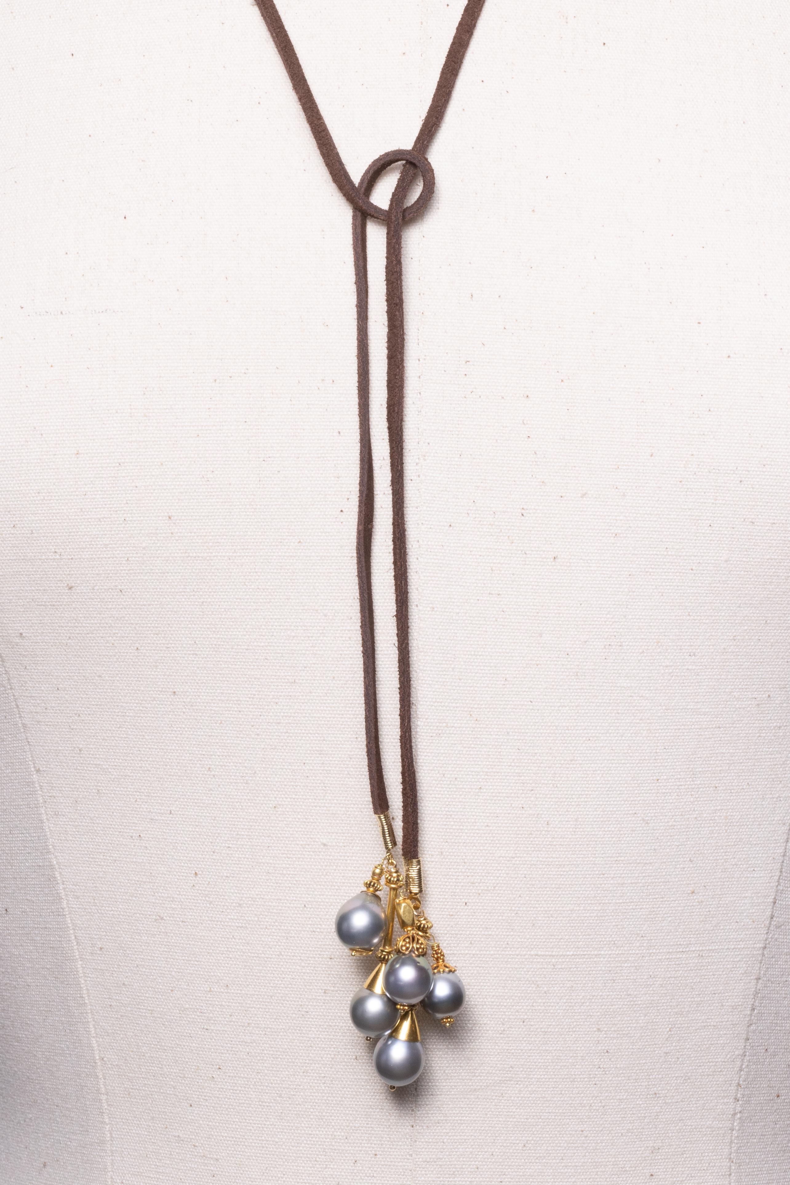 Women's or Men's Tahitian Pearl & 18K Gold Lariat Necklace on Suede, by Deborah Lockhart Phillips For Sale
