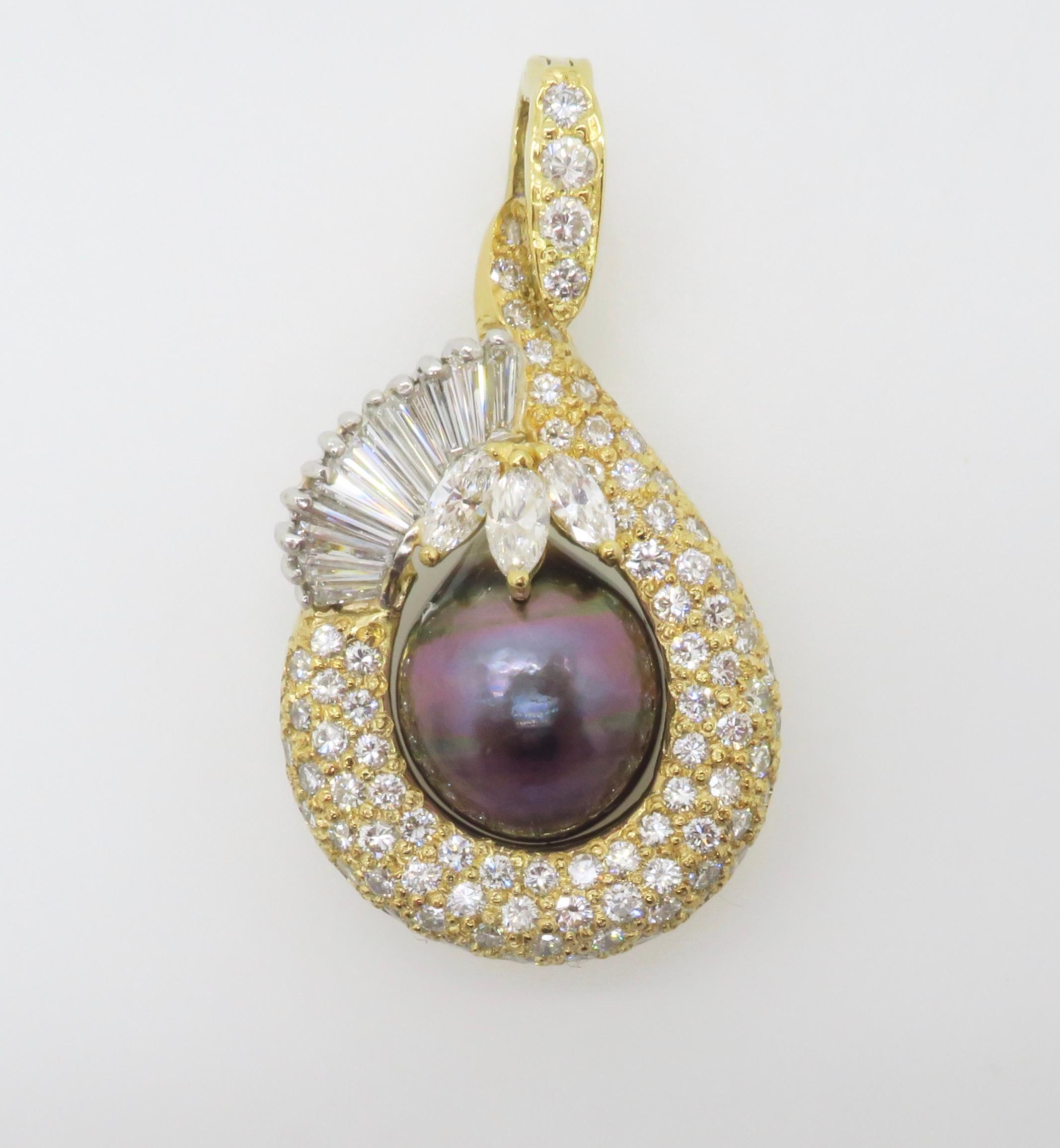 Tahitian Pearl & 4.22CTW Diamond Pendant Necklace For Sale 9