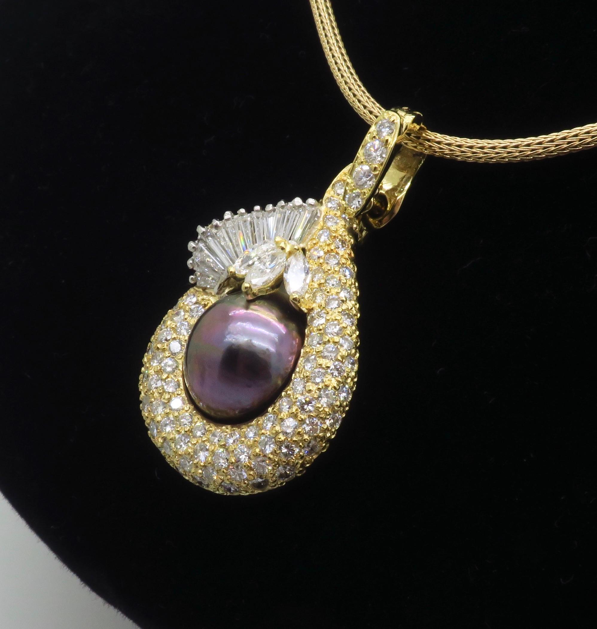 Tahitian Pearl & 4.22CTW Diamond Pendant Necklace In Excellent Condition For Sale In Webster, NY