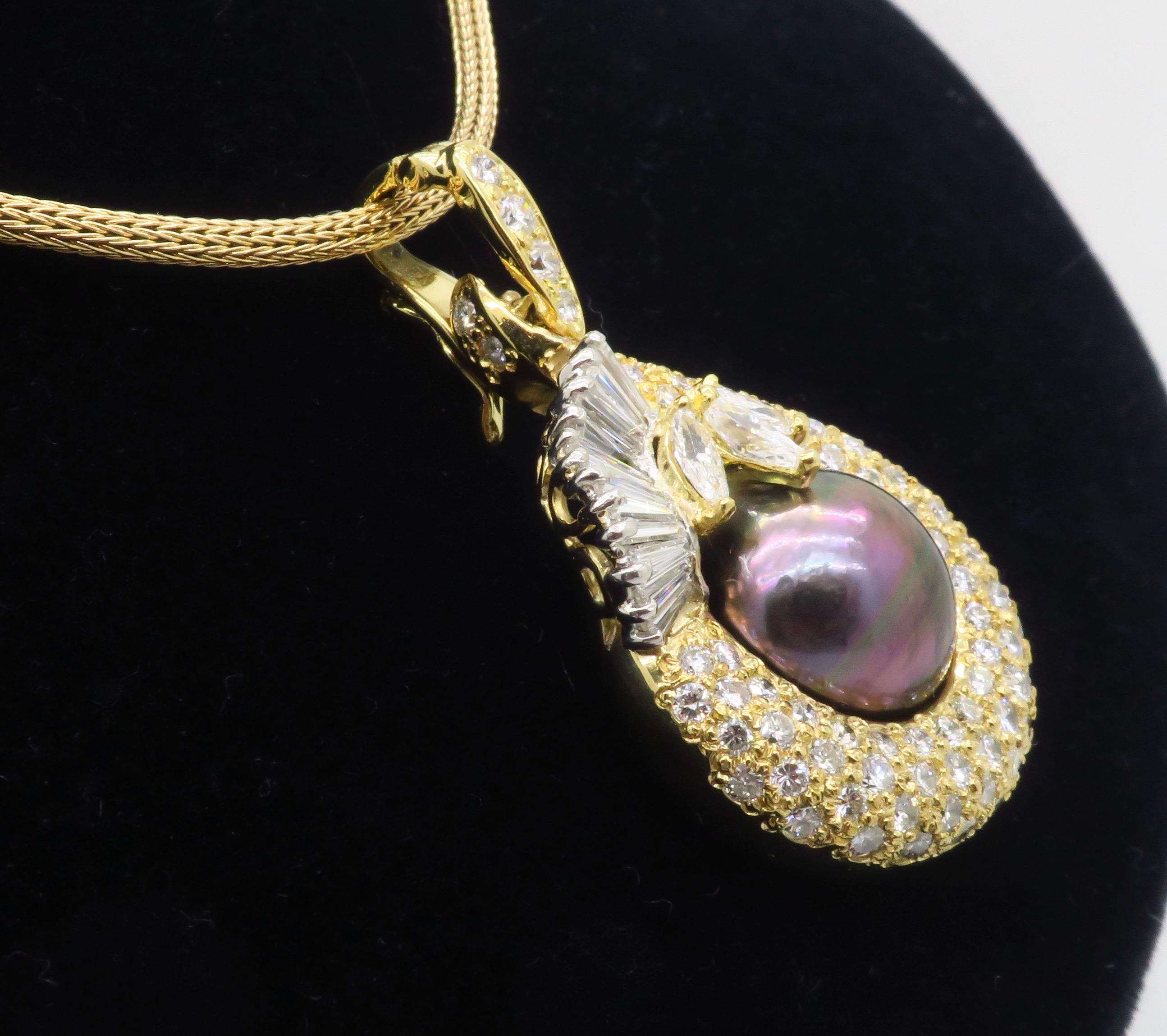 Women's or Men's Tahitian Pearl & 4.22CTW Diamond Pendant Necklace For Sale