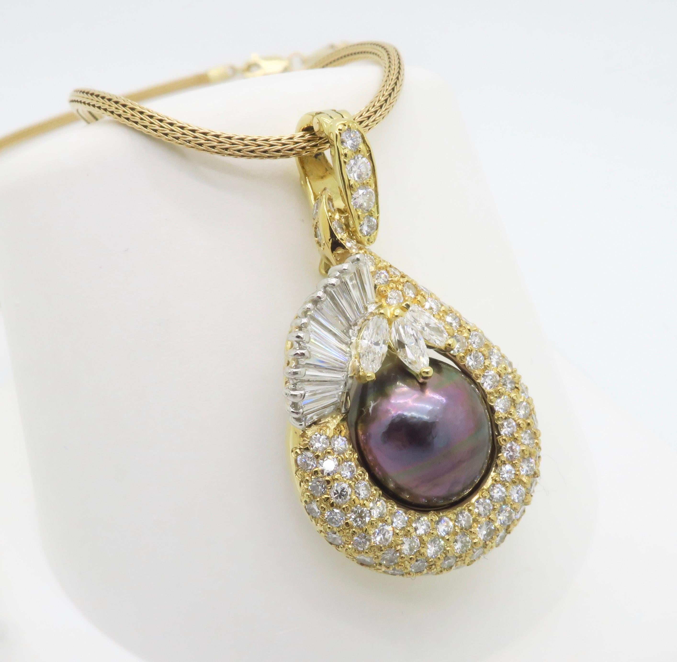 Tahitian Pearl & 4.22CTW Diamond Pendant Necklace For Sale 3