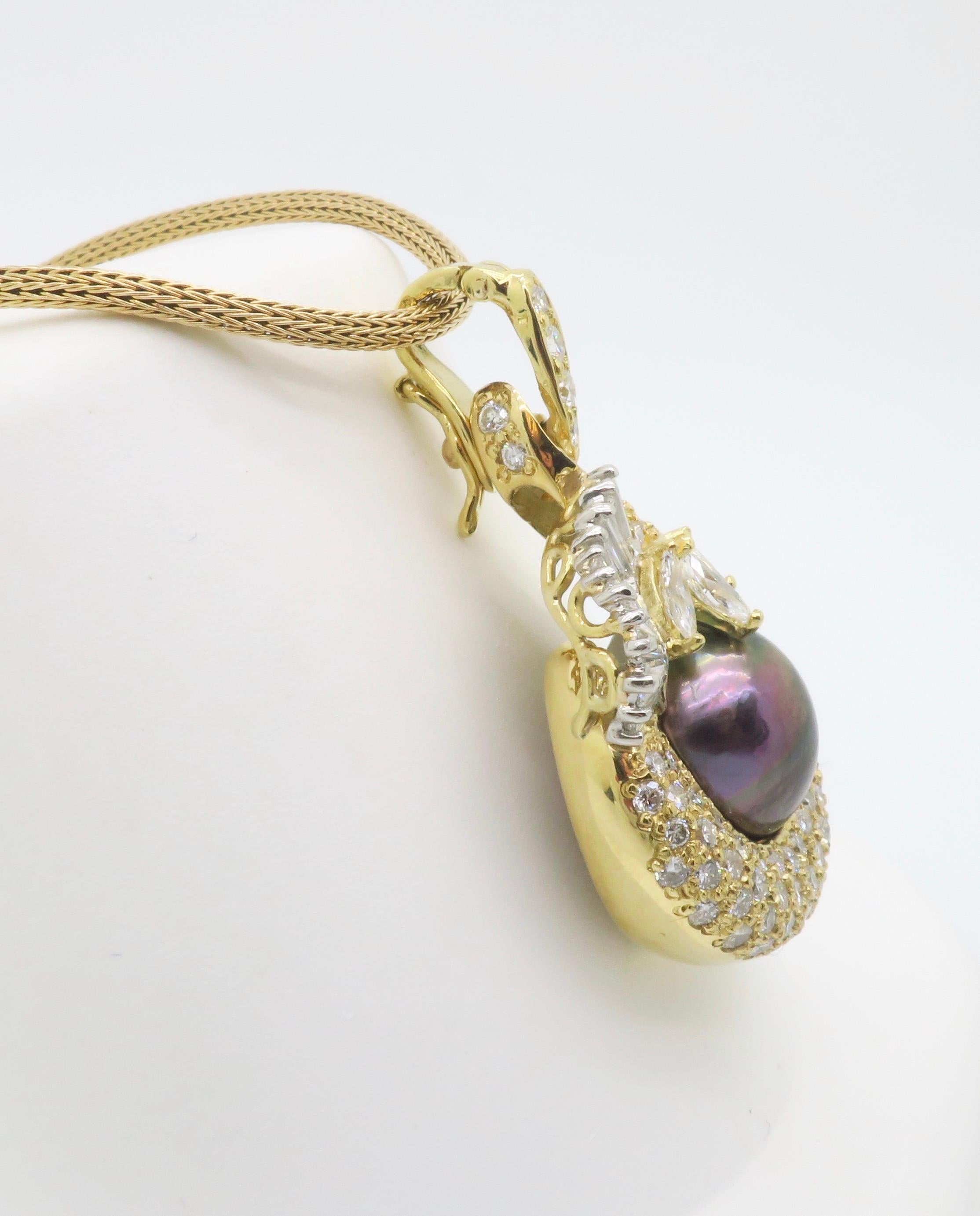 Tahitian Pearl & 4.22CTW Diamond Pendant Necklace For Sale 4