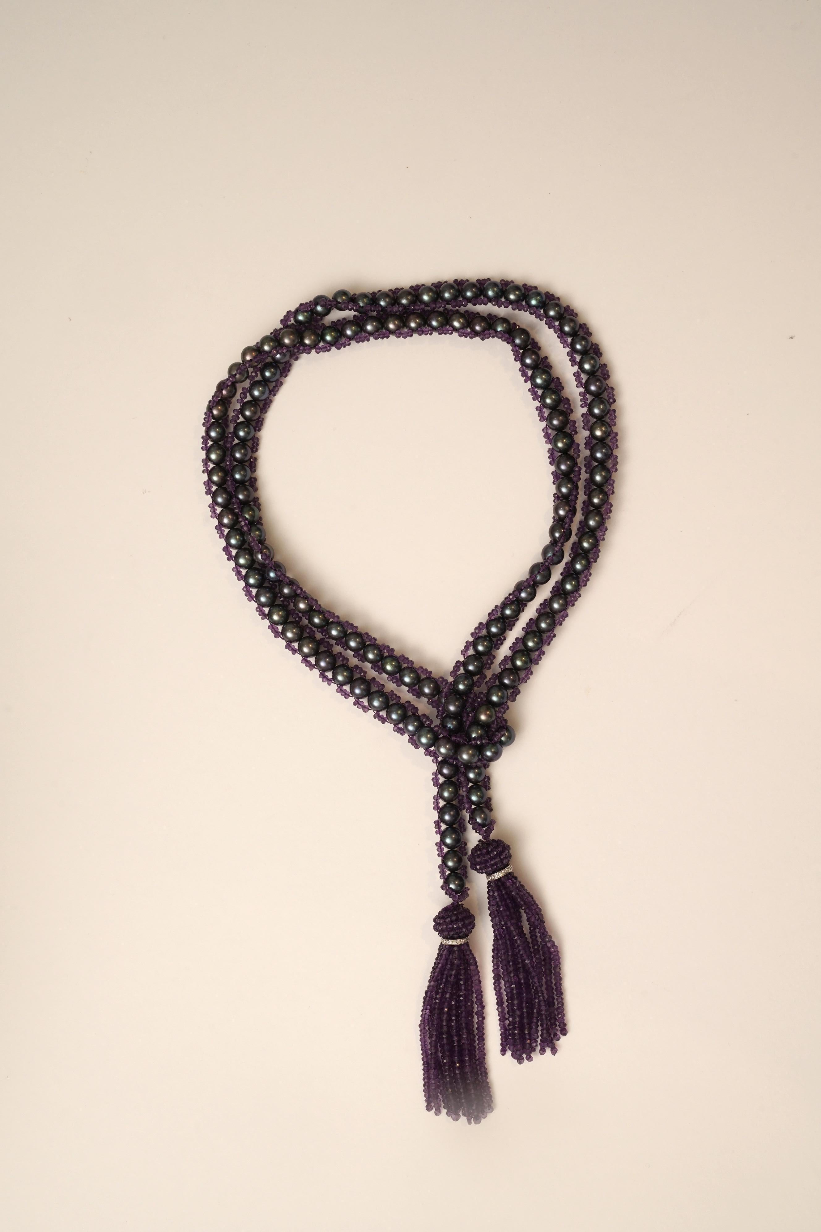 Beautiful Purple Weaving Pearl Floral Tassel Lariat Necklace