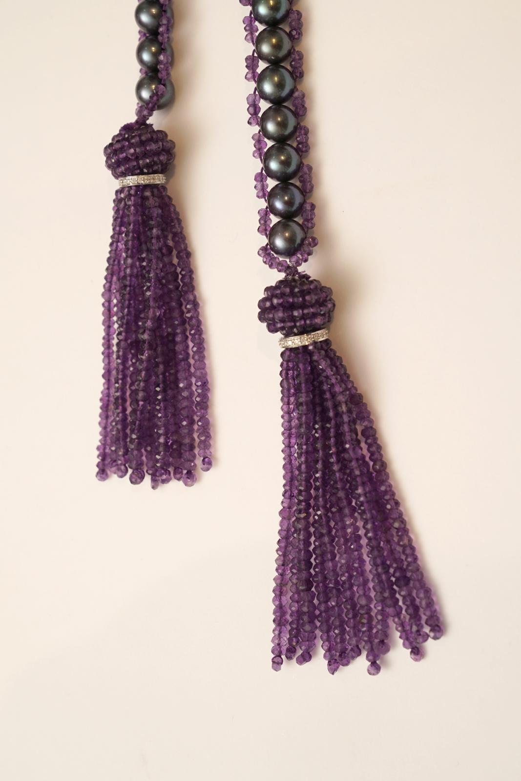 Tahitian Pearl, Amethyst and Diamond Lariat Tassel Necklace For Sale at ...