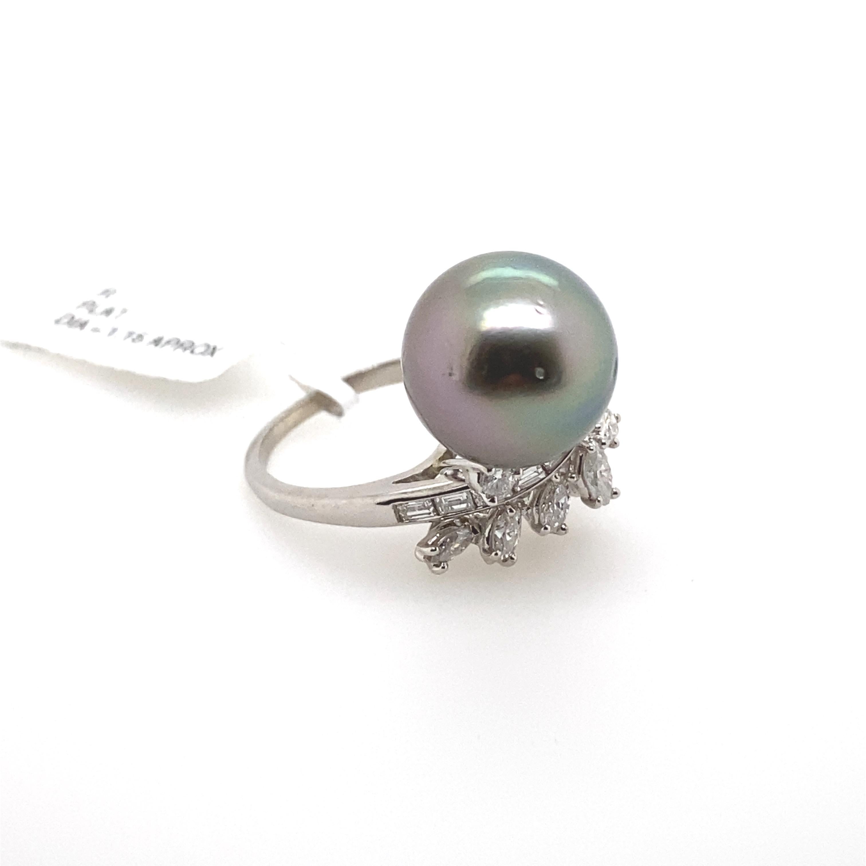 Contemporary Tahitian Pearl and 1.15 Carat Diamond Cluster Ring Platinum For Sale