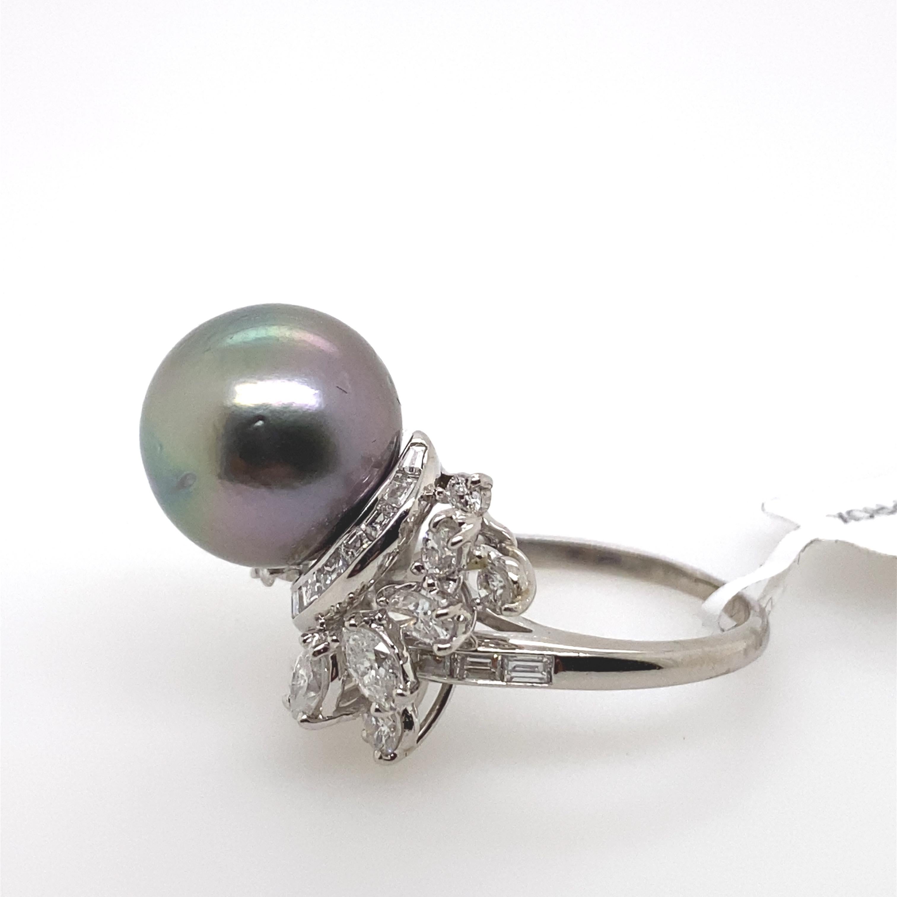 Baguette Cut Tahitian Pearl and 1.15 Carat Diamond Cluster Ring Platinum For Sale
