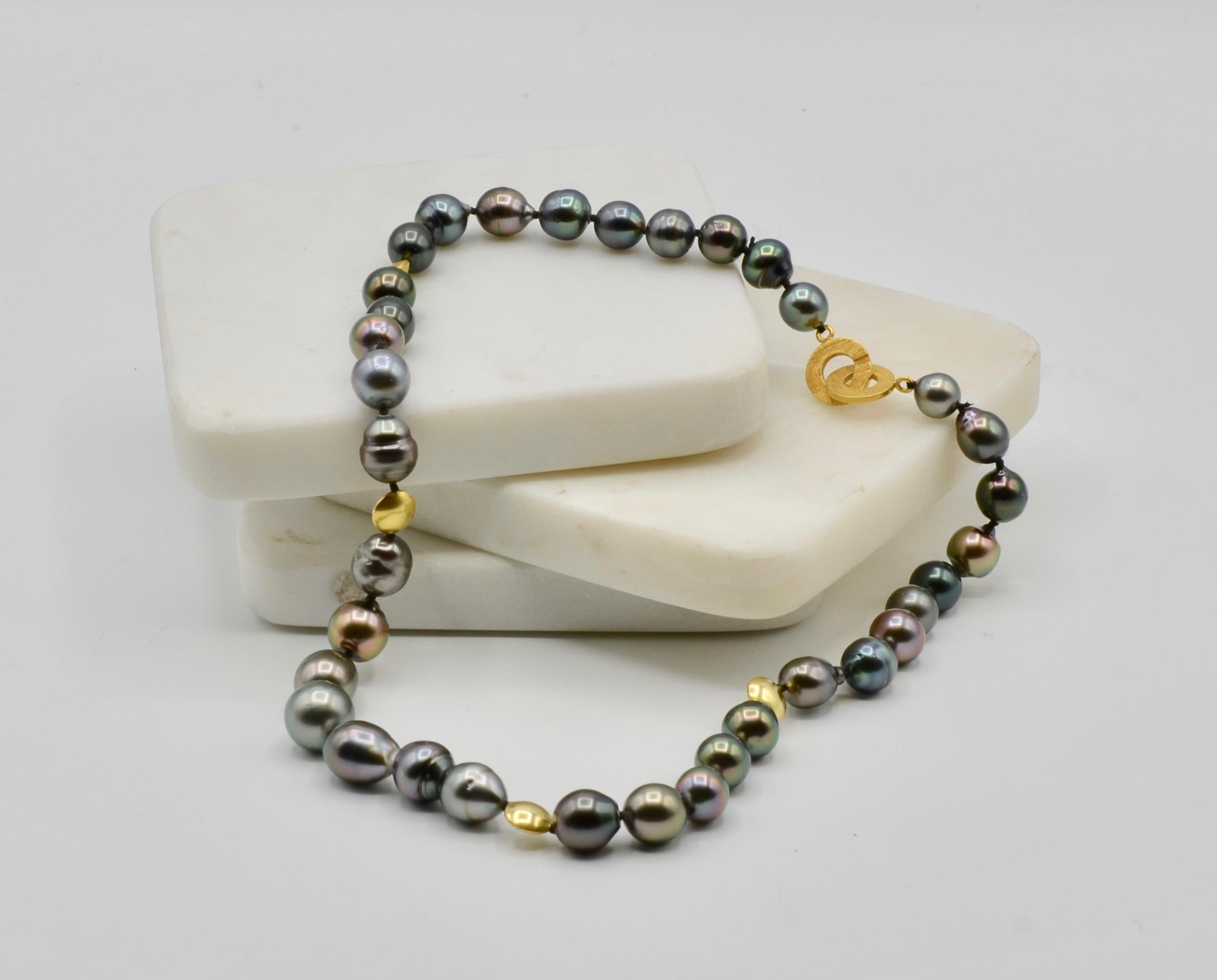 black tahitian pearl and gold tube necklace